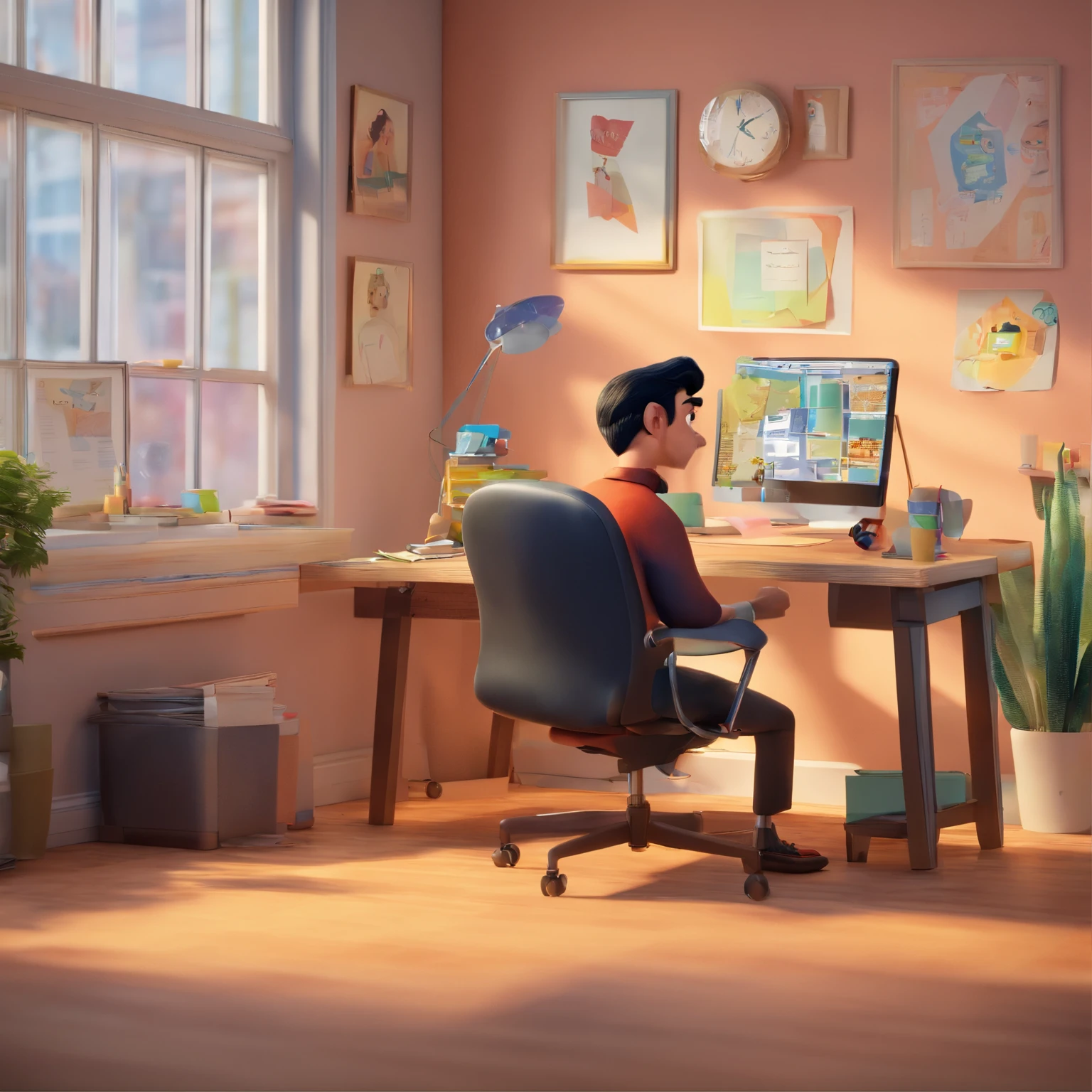 Create a Disney Pixar-inspired poster featuring a black-haired man, um terno, in an office conveying credibility and authority, jovem