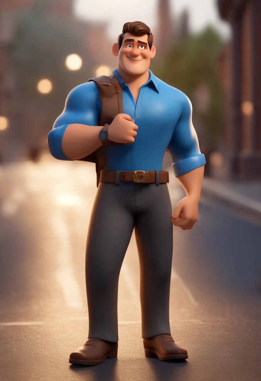 personagem dos desenhos animados de um homem em uma camisa azul, bigode fino e sorrindo. cabelo curto baixo e preto e penteado pro lado , olhos de cor castanhos escuros, orelhas medias, olhando para frente e sorrindo. Character in graphic designer style and without glasses . animation character, Caractere estilizado, animation style rendering, 3D estilizado, Arnold Maya render, 3 d render stylized, toon render keyshot, Personagem 3D, Personagem 3D, 3d rendering stylized, 3 d character render, personagem de desenho animado, Personagem de close up, Pose de personagem, (Estilo Pixar) (master part:1.2) (Bokeh) (melhor qualidade) (pele detalhada) (textura detalhada) (8k) (argila) (Cinematic lighting) (foco nítido
