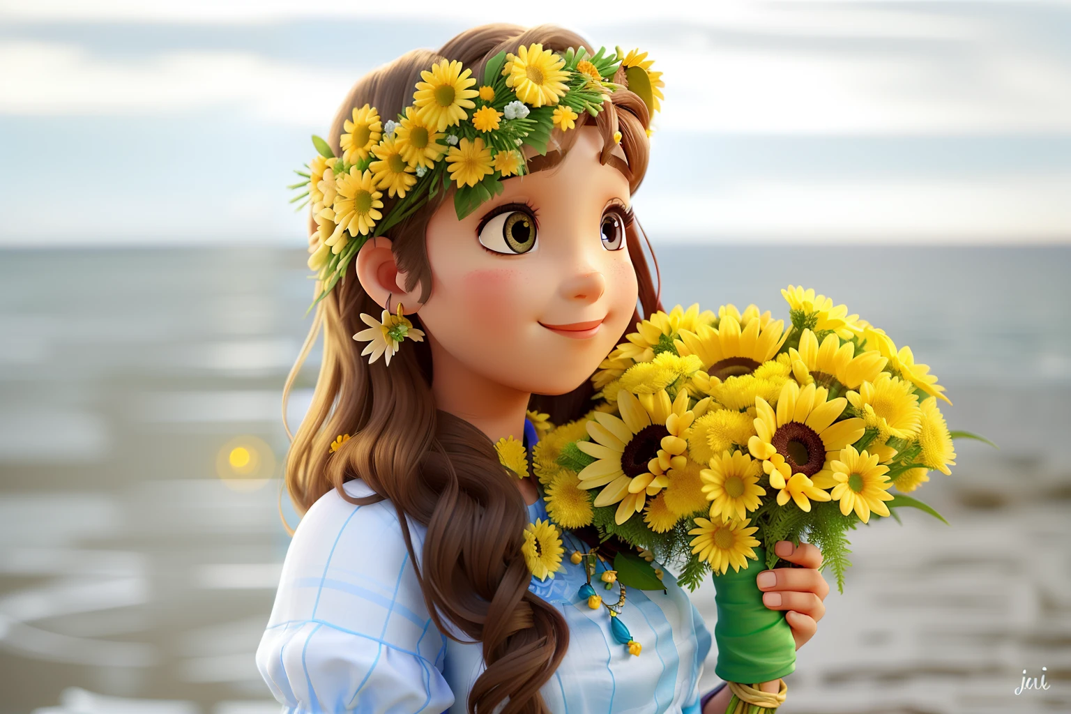 Uma princesa de olhos azuis com uma coroa de flores amarelas, segurando um bouquet de girasois, iluminada pela luz laranja de um fim de tarde, com o mar de plano de fundo