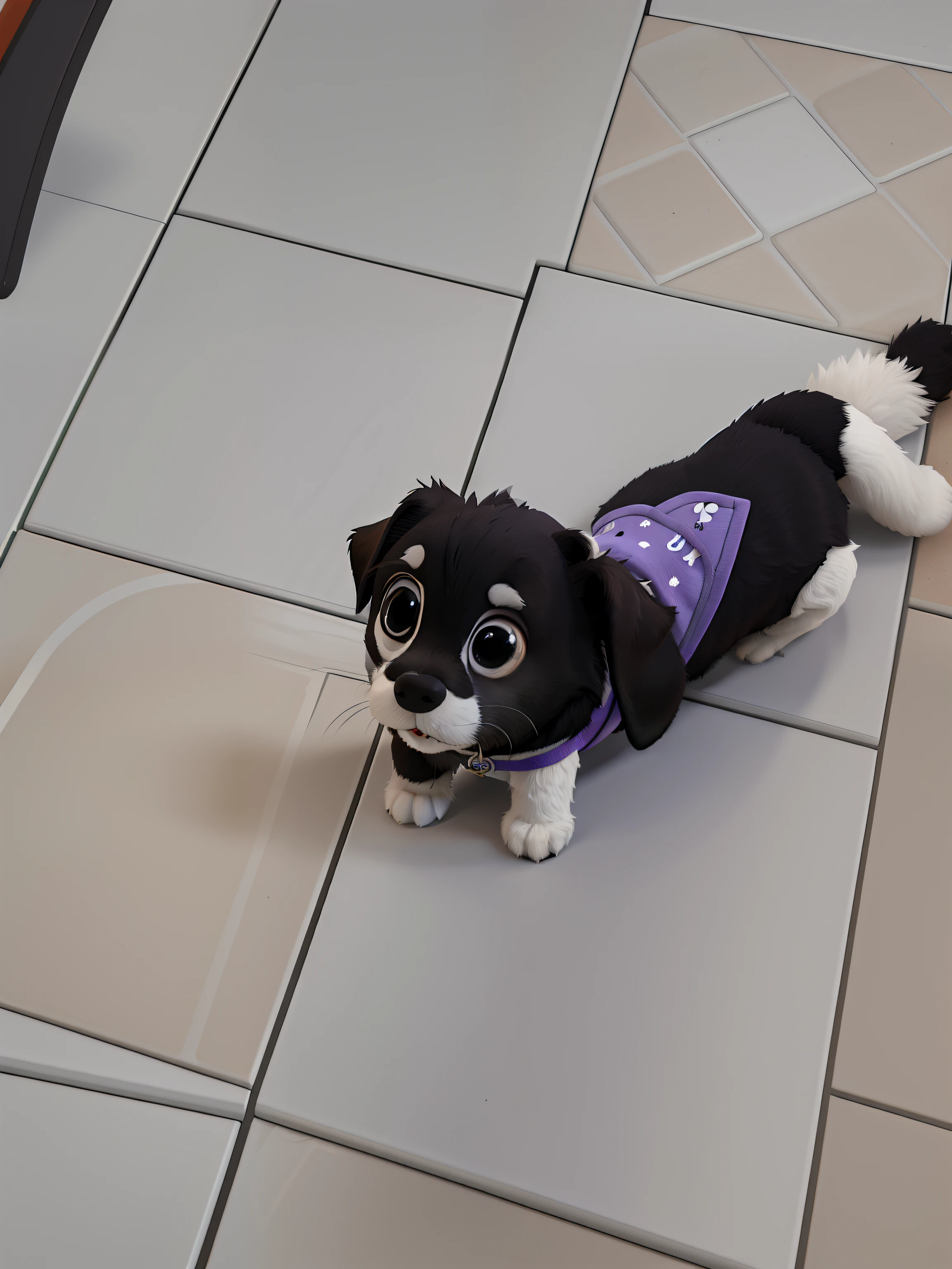Cachorro de porte pequeno, branco com preto, usando roupa de animal