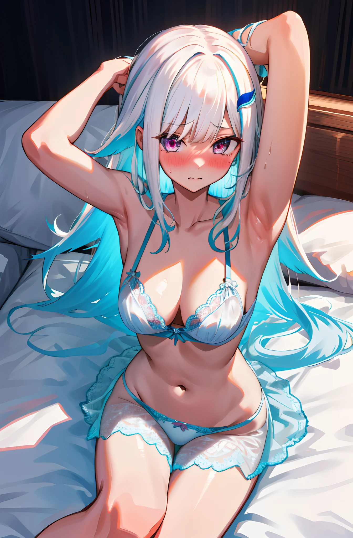 One girl with long wavy hair, white hair, looking at viewer, embarrassed, blushing, tears, indoor , bare shoulders, bare hands, medium breast, underwear only, bra, bra visible, wearing underwears, lace bra white underwear, lace underwear, white panties, ,nude, naked, perfect waist, thigh, bed, hip high skirt, laying on, lie down, arms up, armpits, hands behind the head, laying on back, from above, legs spread, wet, nsfw, night atmosphere, hair ornament