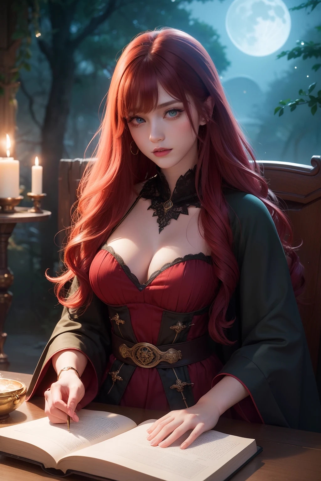(Best Quality,hight resolution,Vivid colors),Beautiful detailed green eyes, beautiful detailed lips,Extremely detailed eyes and face,Red-haired Pretty Girl, Stunning beauty,fine complexion,,The Enchanted Forest,sorcery,Magical atmosphere,Mysterious Vibes,Floating leaves,Glowing Book of Spells,Sparkling Wand,Dark Robe,captivating gaze,Ancient knowledge,incantation,Magic potions,silhouette,Moonlit night,Sorceress in moonshine