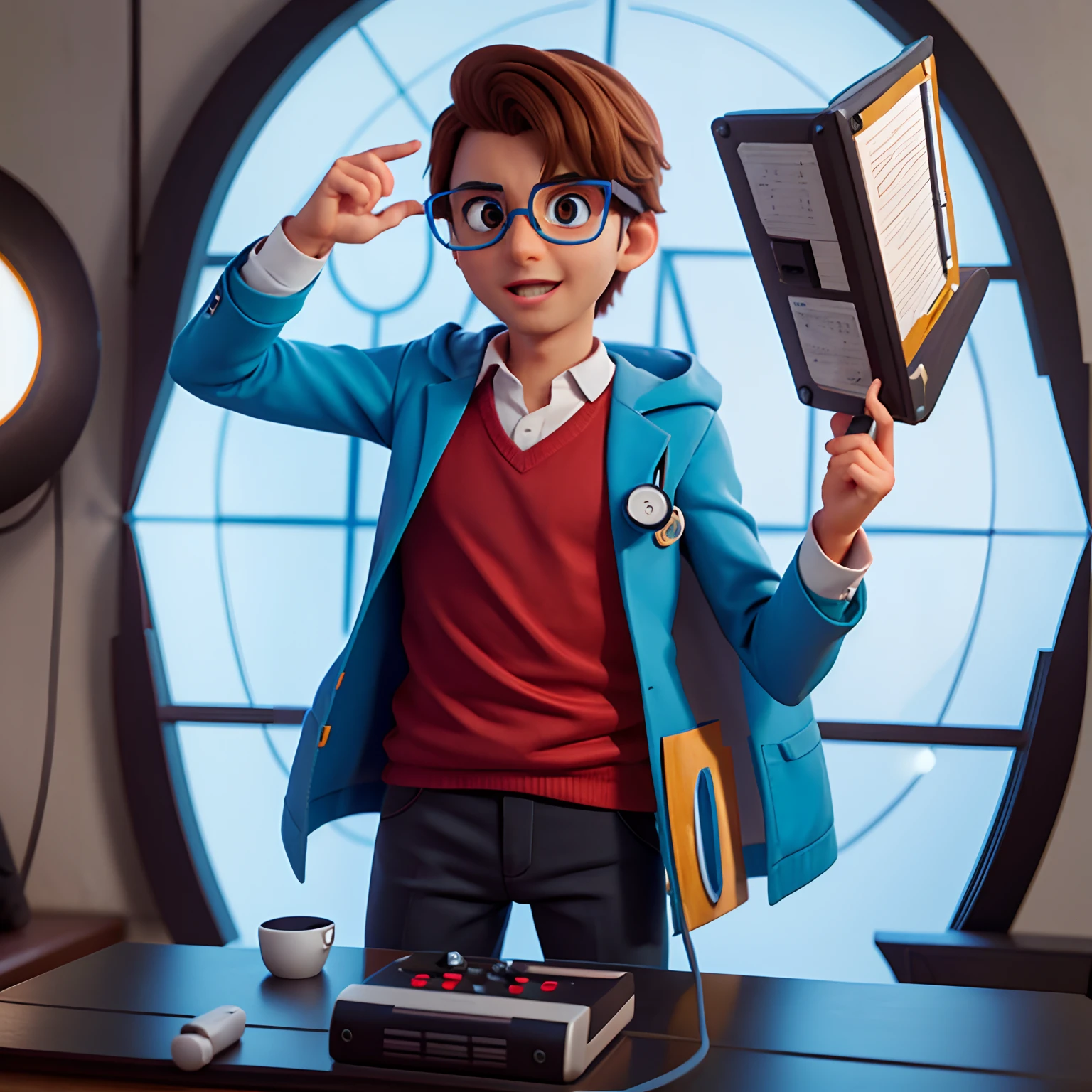 Doctor Man Playing Video Game, olhos castanhos, glasses, Feliz