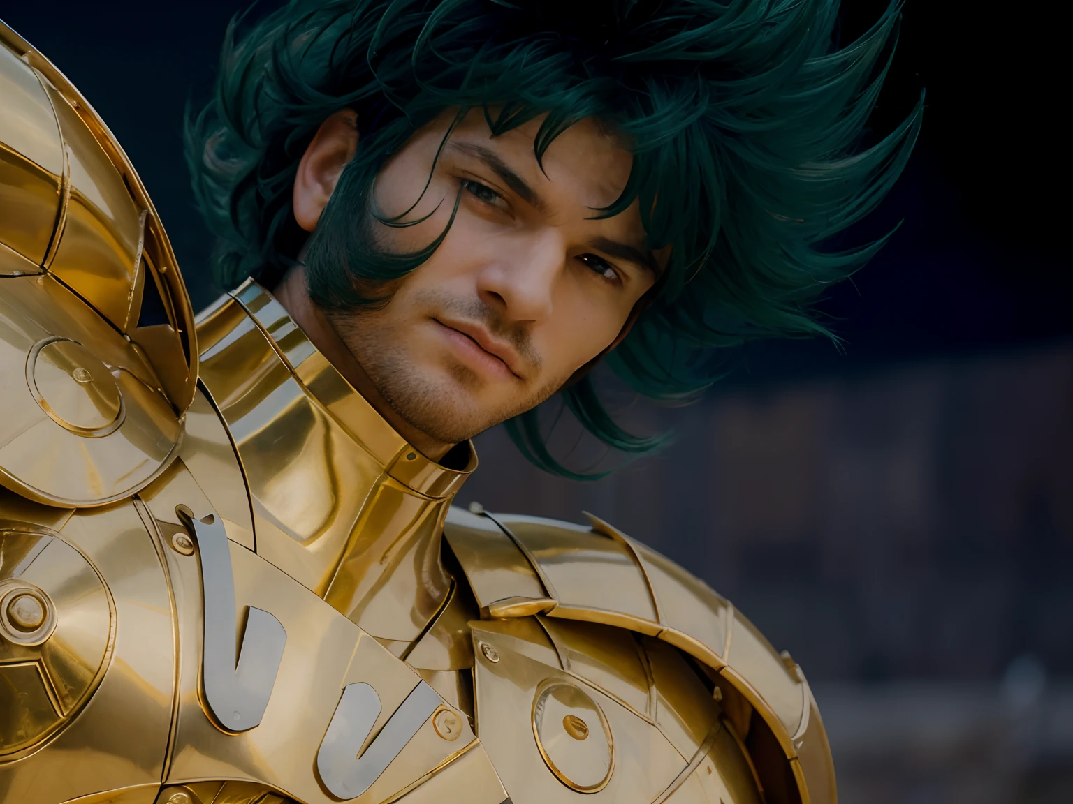 (masterpiece), (realistic) low angle, close up portrait of an man, (male), 30 years old, spanish, (1boy), solo, serious, looking at viewer, wearing an medieval armor, (full body armor), (golden armor), chrome gold, (detailed armor), (ornate armor), dark green hair, (hair blowing in wind), (hair chops), upper body, night and stars background, sharp focus, cinematic lighting, ((beardless)).
