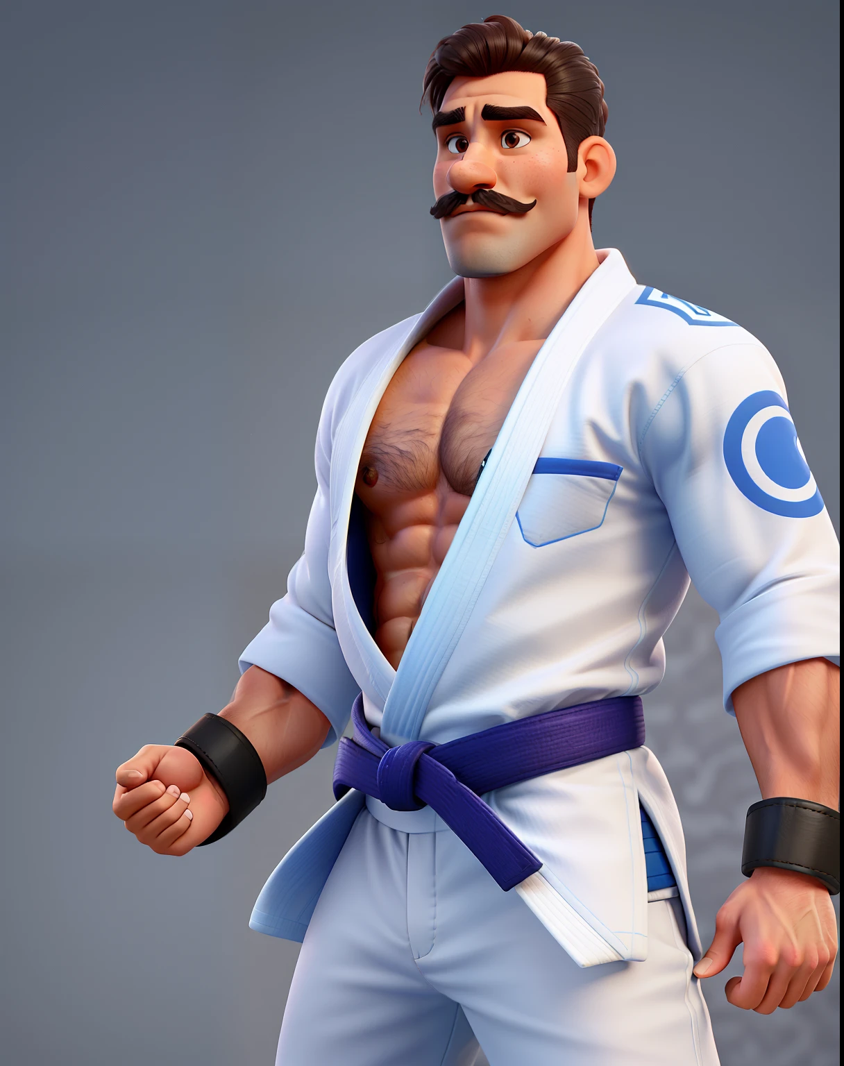 (best quality, ultra-detailed), blue belt jiu-jitsu fighter with a curled mustache in a white kimono, strong athletic build, tanned complexion