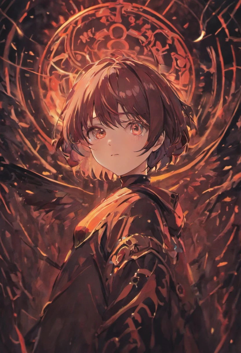 ((masterpiece、top-quality、ultra-detailliert、hight resolution))、独奏、1人、1 male、male people、neuter、A dark-haired、red eyes、cool、dark themed、kawaii、a cool、short dark hair、Hanging eyes、Sharp eyes、ember、short-haired、black backgrounds、A black、front facing、20yr old
