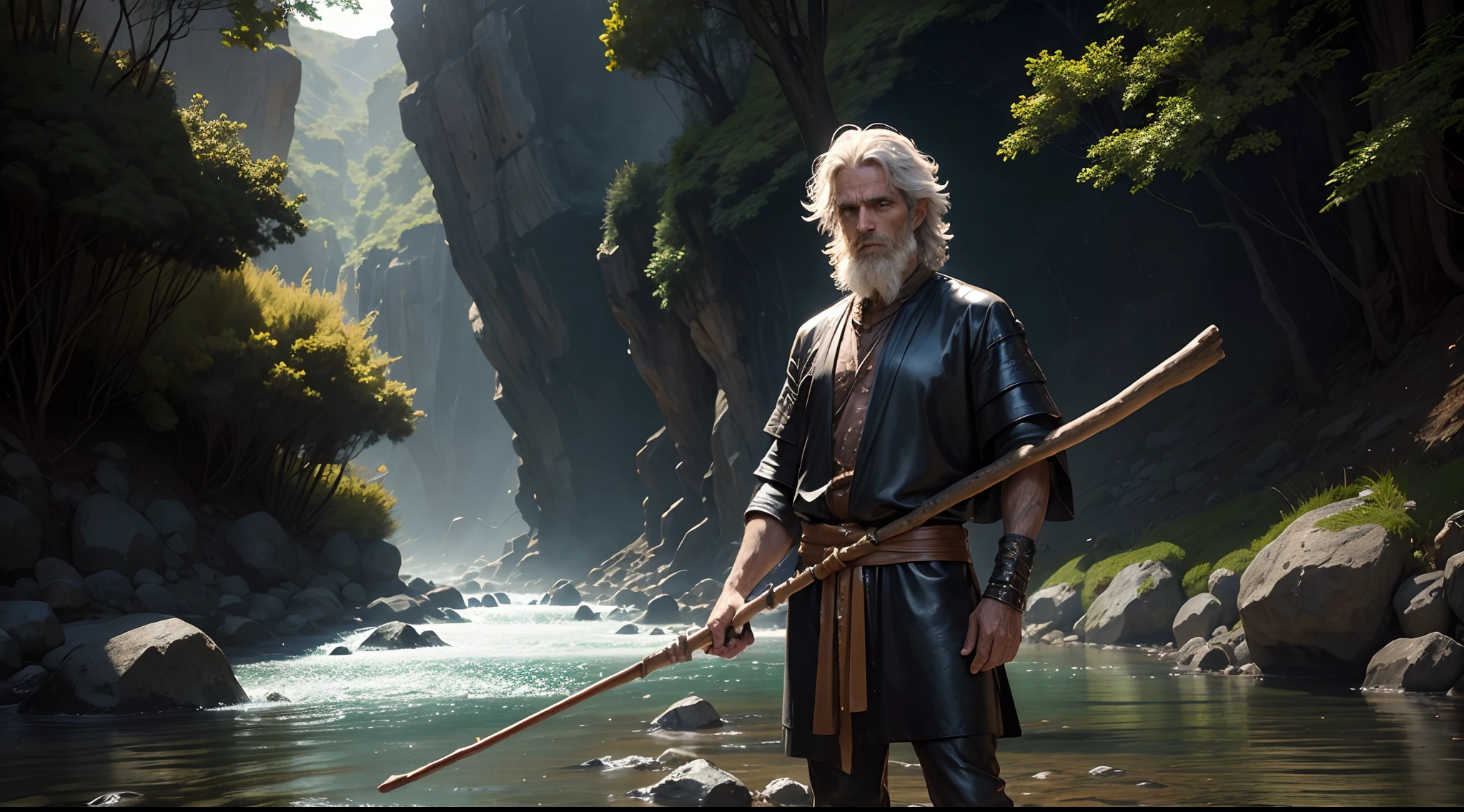 photo of the prophet Elijah,1 middle age man,skinny person,about 35 years old,messy hair,(wearing animal leather skin),he is holding a stick ,beside a river,bokeh
