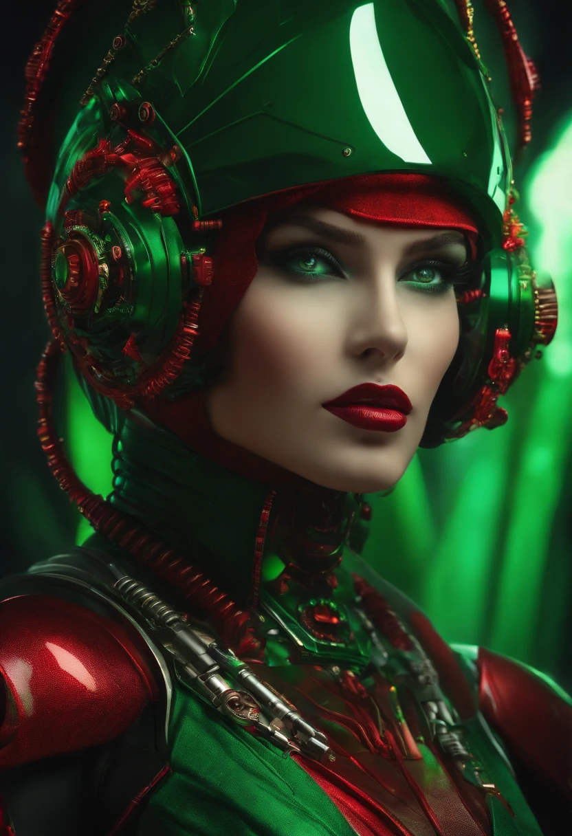 Cyborg red hat with green and red cybernetic eyes
