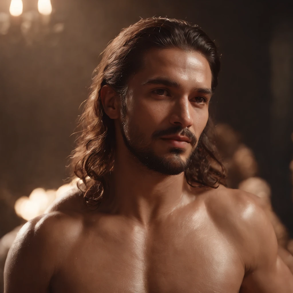 Greek god handsome man drinking wine cheerful in ancient Greek clothes and dancing with a glass of wine very cheerful standing out among people long straight black hair. perfect photo. face perfect