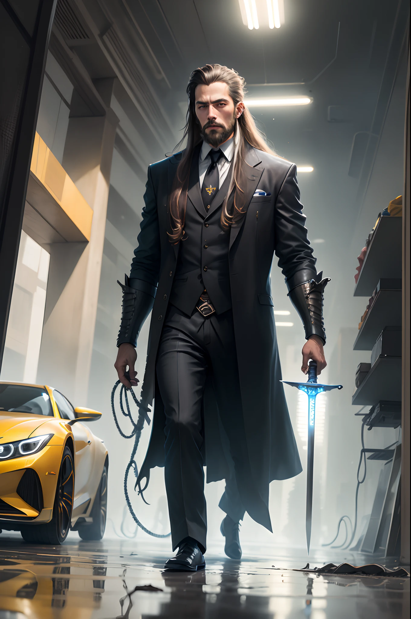 Man with long hair and a sword stranding next to a futuristic car