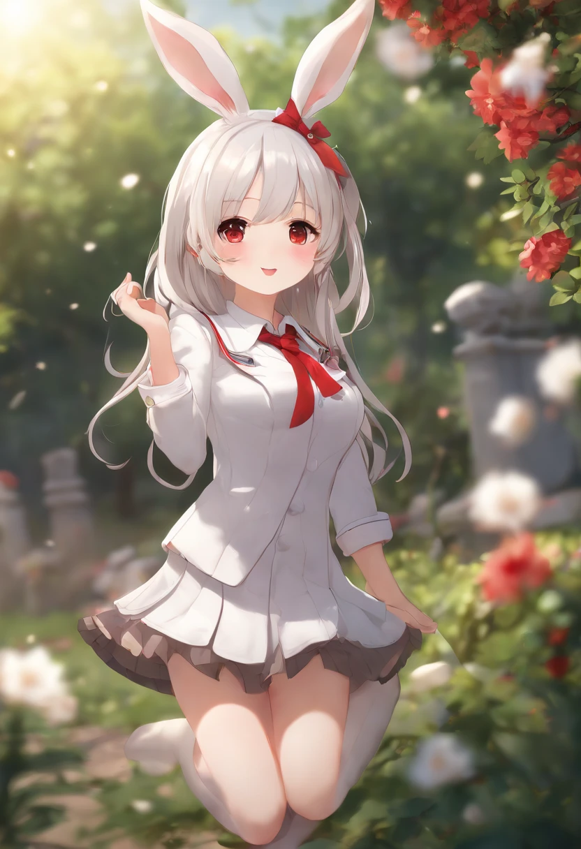 (best quality,4k,8k,highres,masterpiece:1.2),ultra-detailed,realistic:1.37,anime,white-hair rabbit-ears girl,red eyes,shy blush,school uniform,detailed eyes and lips,cute expression,short skirt,long socks,playful pose,beautiful garden background,vibrant colors,soft lighting,blurred bokeh