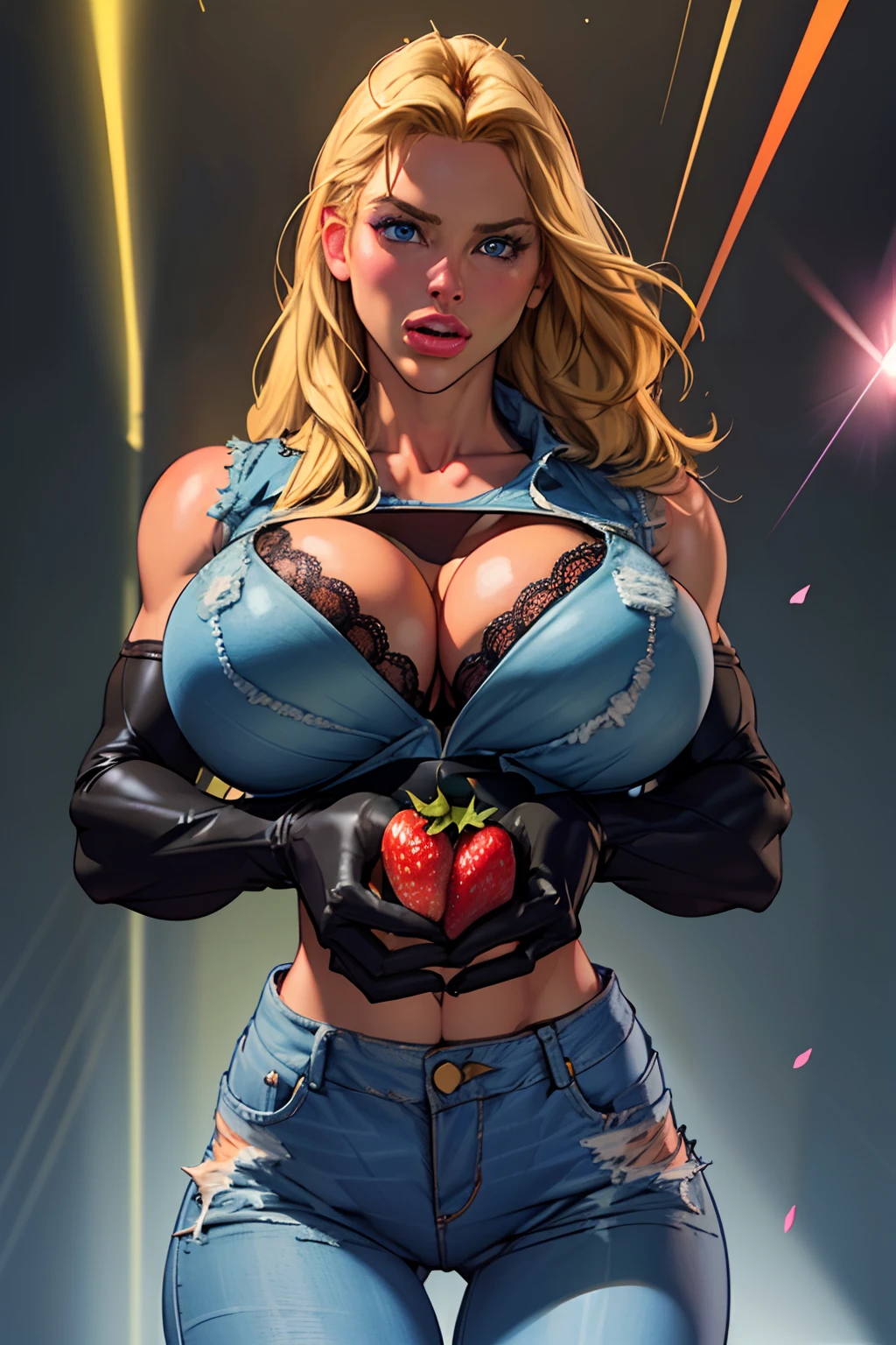 (((1 girl,  cute, (gigantic breasts:1.2), sleeveless denim jacket, black lace bra, jeans, black elbow Gloves, strawberry blonde long hair, straight hair,  side parted hair, blue eyes))), (((strawberry blonde hair))), 
dynamic poses, realistic style, depicting a group of characters in various action scenes, from intense battles to lighthearted moments, with dramatic speed lines and bold sound effects, capturing the excitement and energy of the story, Laser rays from the palm of hand, Attack forward with palm, stonehedge, england,