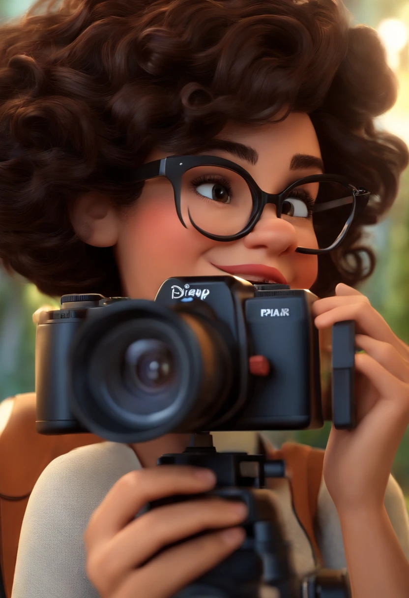 Pixar style image with 3D character white glasses brunette woman short curly hair with camera, Maquiagem Disney,Pescador, bonitinho, sorridente ,Close-up, Pixar, Disney, Cinema lighting,