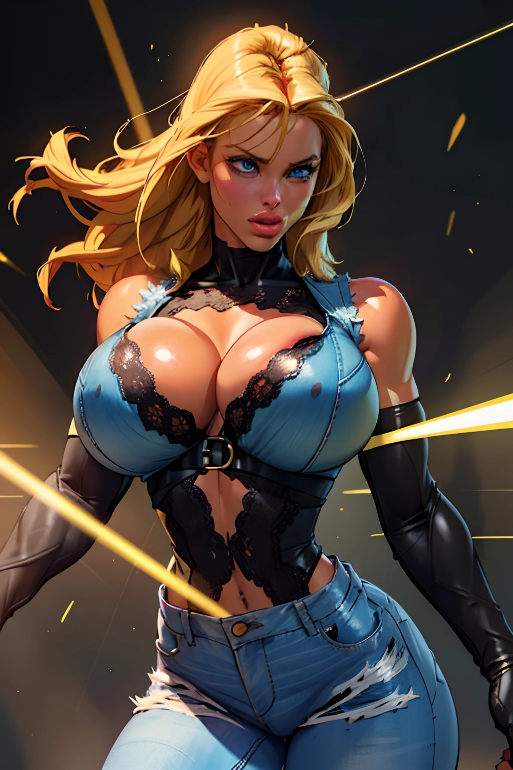 (((1 girl,  cute, (gigantic breasts:1.2), sleeveless denim jacket, black lace bra, jeans, black elbow Gloves, strawberry blonde long hair, straight hair,  side parted hair, blue eyes))), (((strawberry blonde hair))), 
dynamic poses, realistic style, depicting a group of characters in various action scenes, from intense battles to lighthearted moments, with dramatic speed lines and bold sound effects, capturing the excitement and energy of the story, Laser rays from the palm of hand, Attack forward with palm, stonehedge, england,