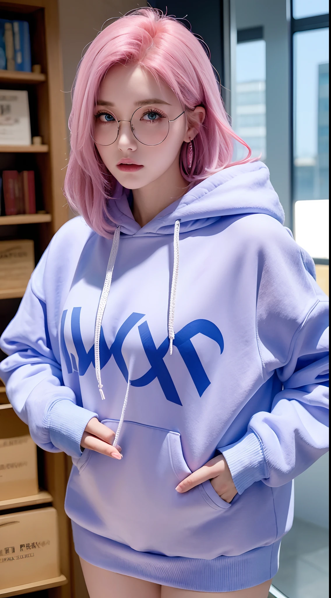 Woman, huge breasts, pink hair, blue eyes, thight hoodie, small chin, thin round glasses, black pleated skirt, cold face