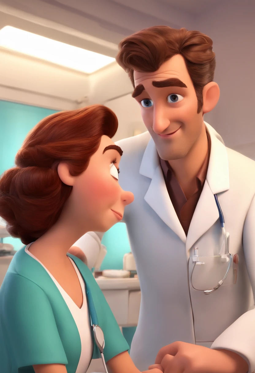 Disney Pixar, Light-eyed doctor with brown hair with tuft preparing his patient for hair transplant procedure