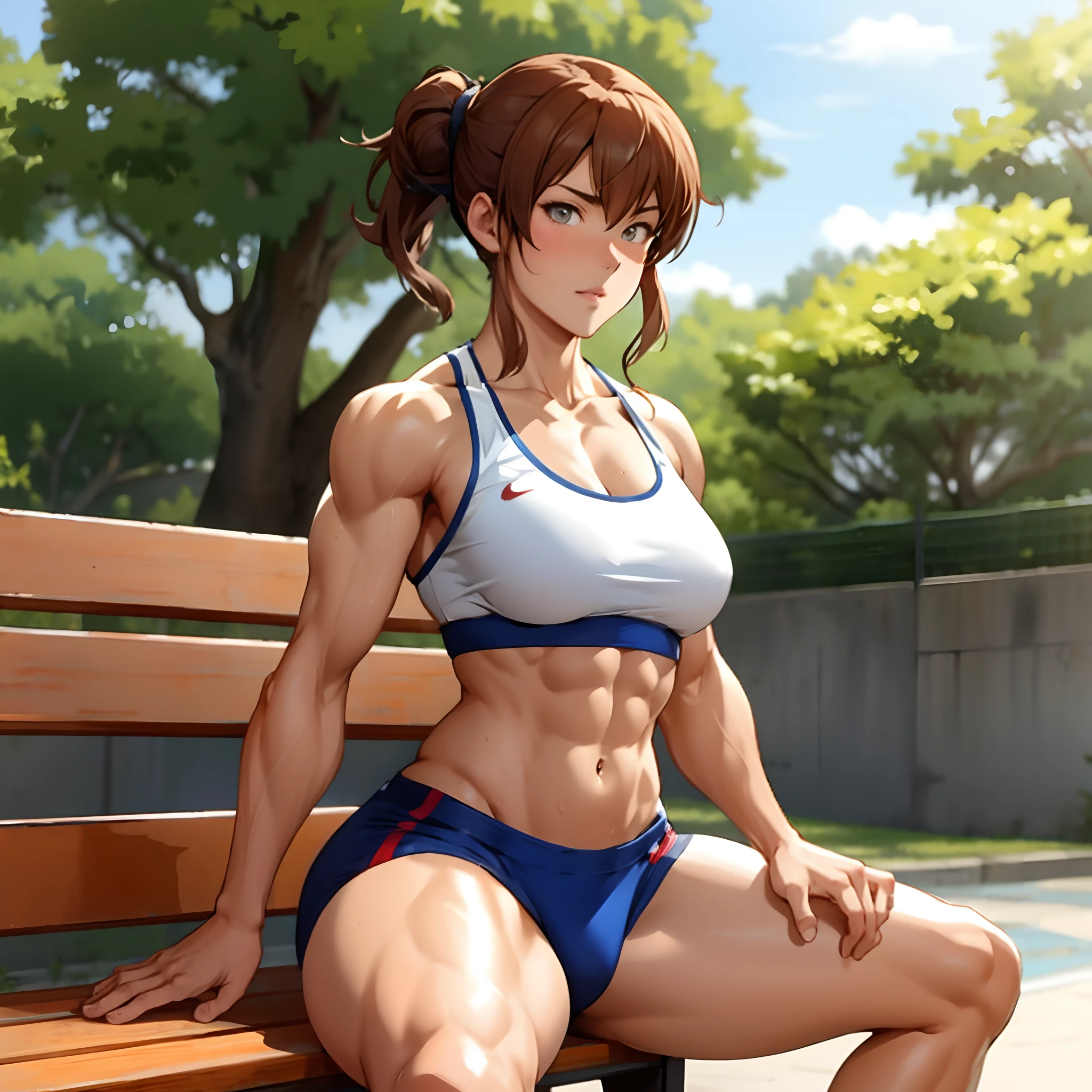 Femme assise sur un banc, fille musclée, musculaire!!, musculaire!, Chun Li au gymnase, féminine et musclée, Makoto, fille en forme, belle fille d’anime accroupie, pose forte, musculaire!!!, Makoto Shinka, caractère musclé, par Okada Beisanjin, cuisses musclées, Une musculature