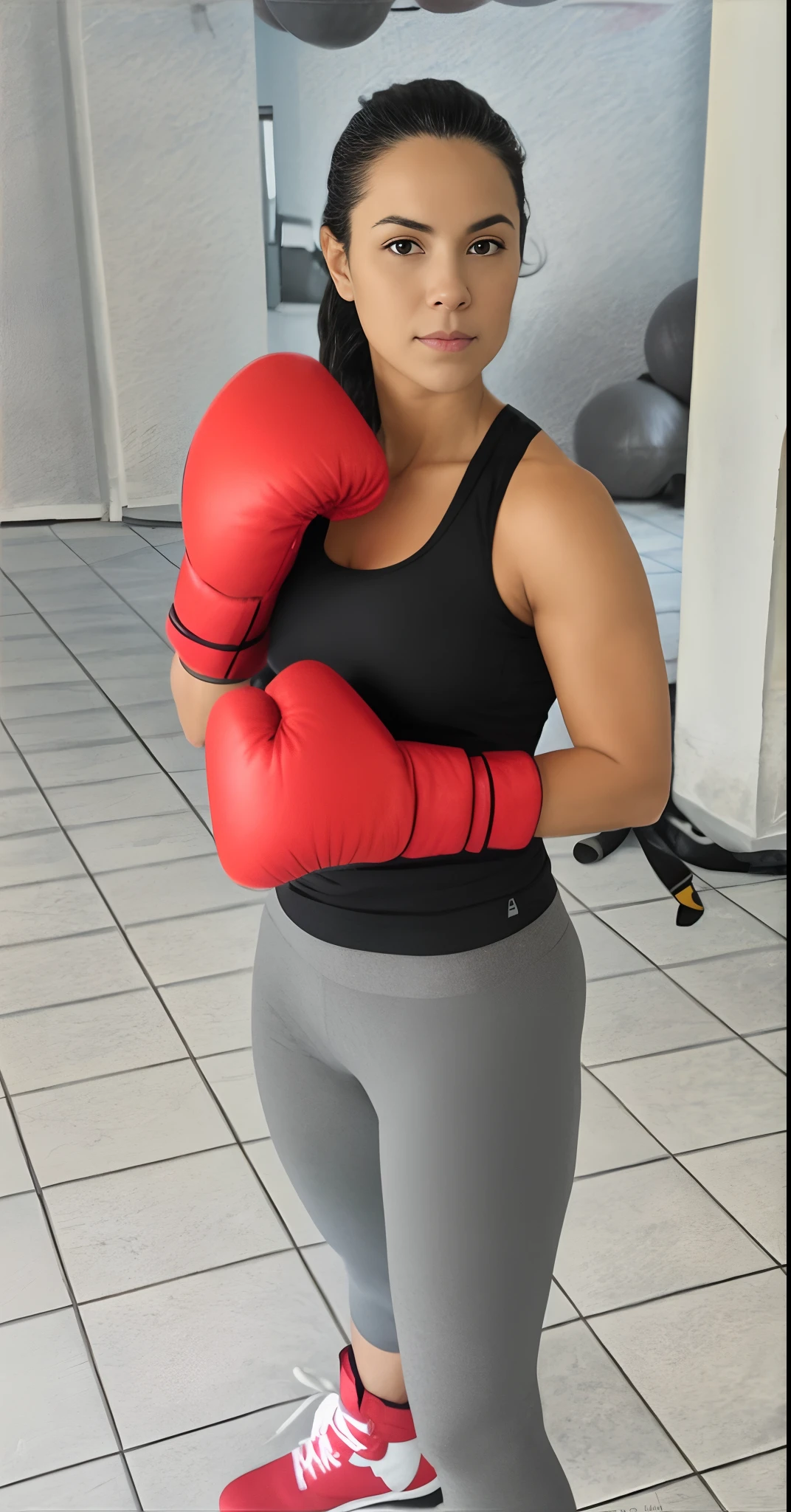 There's a woman in a black top and gray pants with red boxing gloves, Kickboxe, em pose de luta, em uma postura de luta, posando pronto para uma luta, postura do boxe, luvas de boxe, boxe, em um ringue de boxe, Pose de luta, usando luvas de boxe vibrantes, Pose de lutador, pronto para lutar, she is ready to fight, posando para uma luta, luvas vermelhas