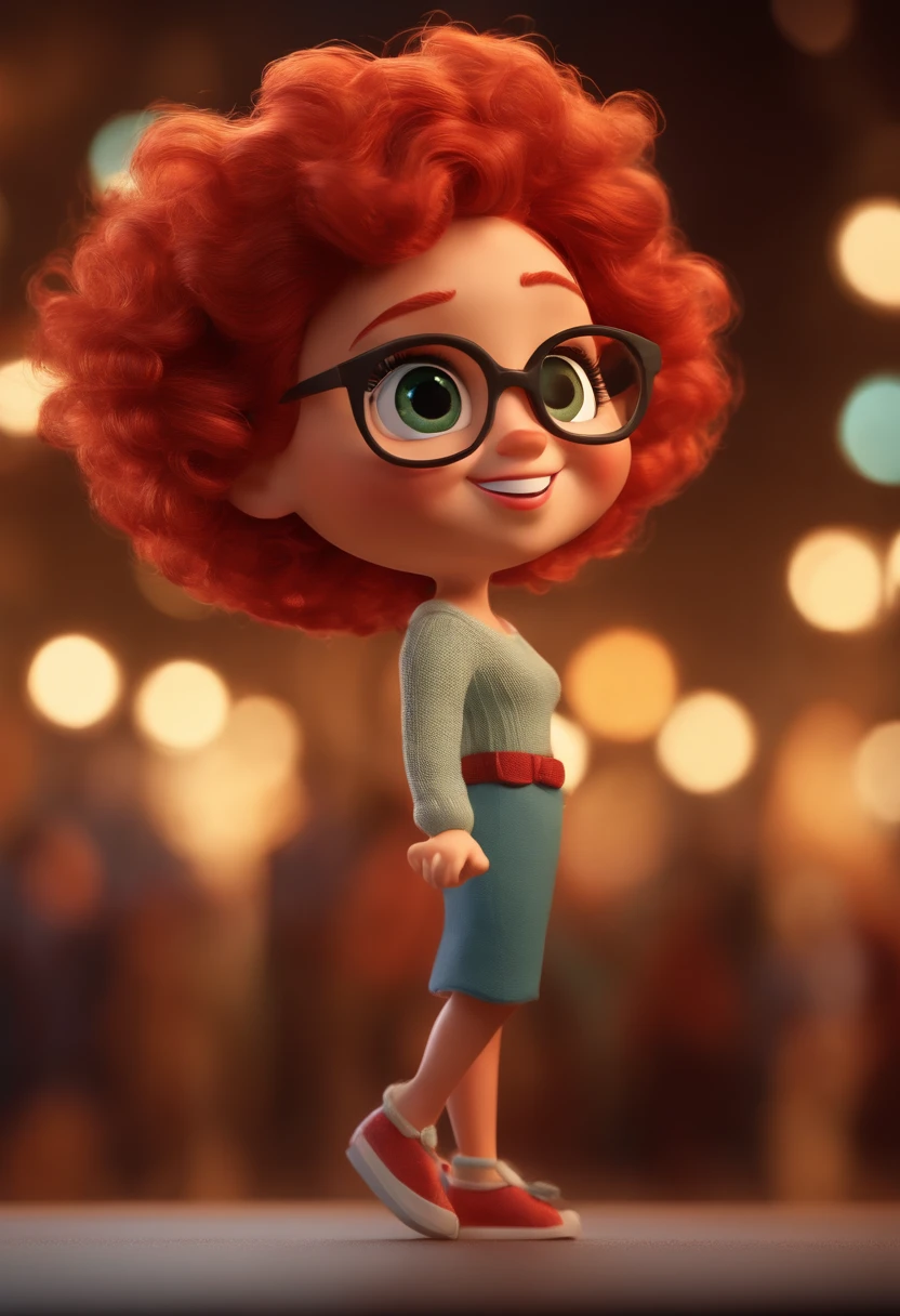 Pixar style image with 3D character white glasses red-haired woman short curly hair dancing, Maquiagem Disney Pixar, bonitinho, sorridente ,Close-up, Pixar, Disney, Cinema lighting, segurando uma boneca de Amigurumi