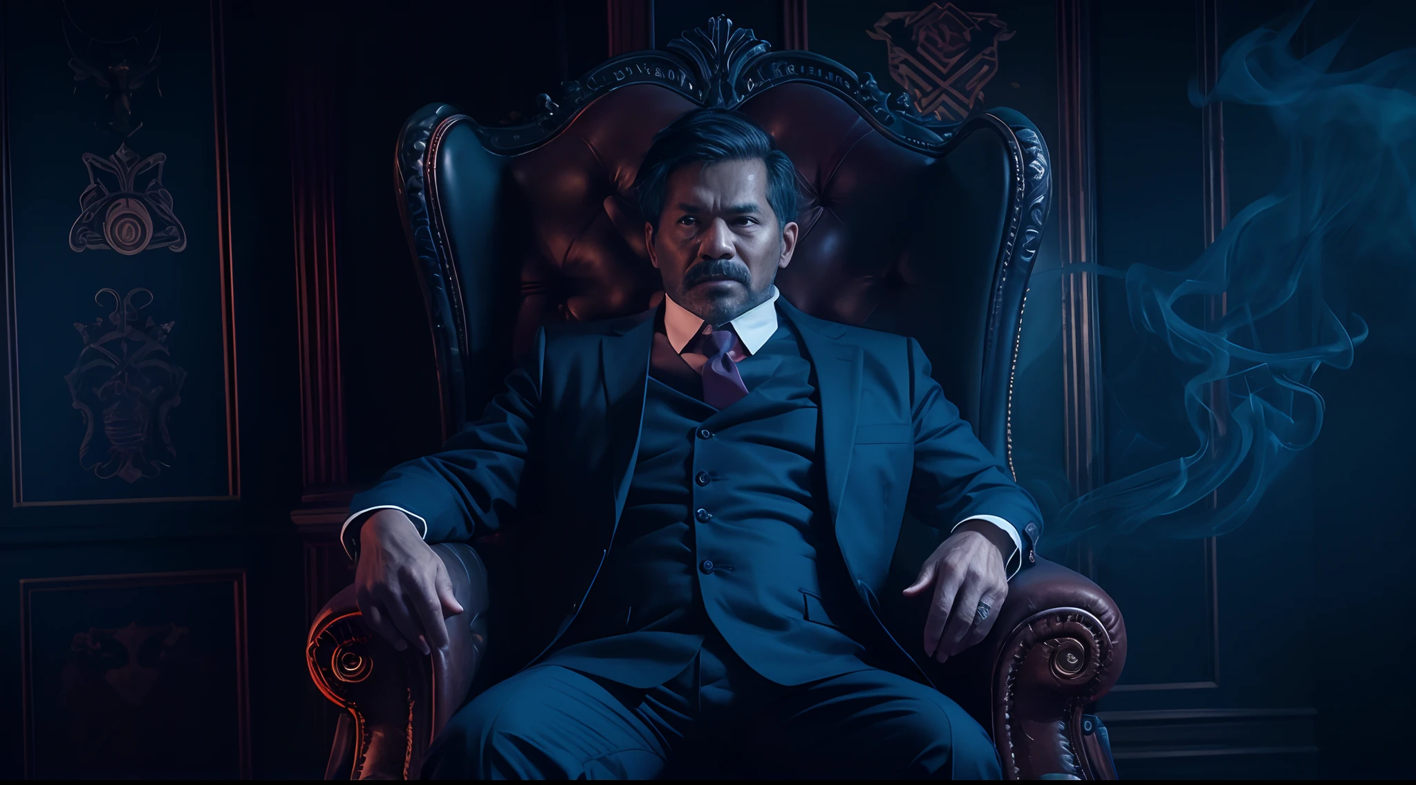 a malay man in torn dark blue office outfit seat in a throne while smoking big cigar, dark mood, dark forest, big red owl behind him, dark smoke below, creepy atmosphere, Prores lense, Low angle shot, blue color grading, cinemascope, natural light, Dynamic shadows, horror film, high quality, ultra detail, 8k, Panavision DXL2 camera,