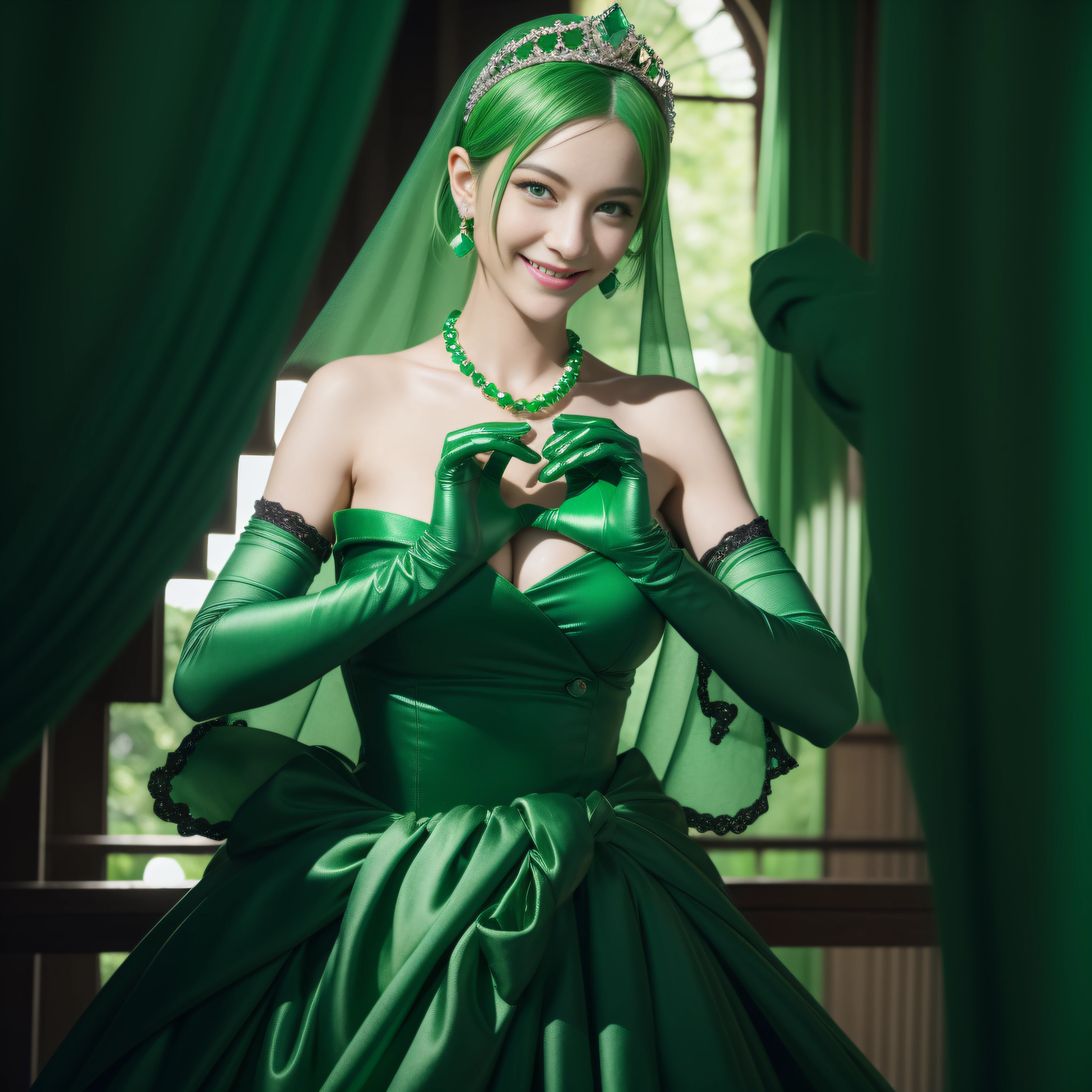 emerald tiara, Green Pearl Necklace, Boyish very short green hair, lipsticks, Japan woman smiling, very short short hair, big breasts beautiful, Green eyes, Long green gloves made of satin material, Green eyes, Emerald Earrings, green vale, Heart with both hands,Green hair