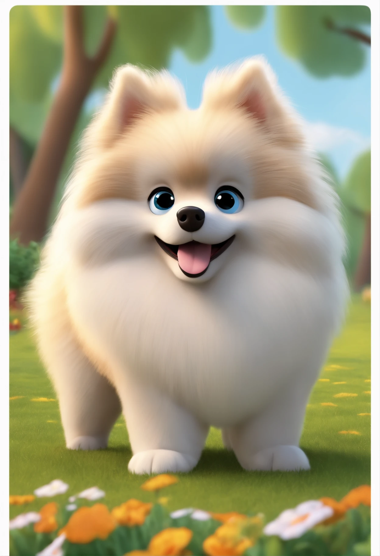 Cute looking german spitz strolling in the park, estilo cartoon, Pixar, ..3d, o primeiro desenho com o corpo um pouco mais laranjinha, borboletas voando ao redor dele