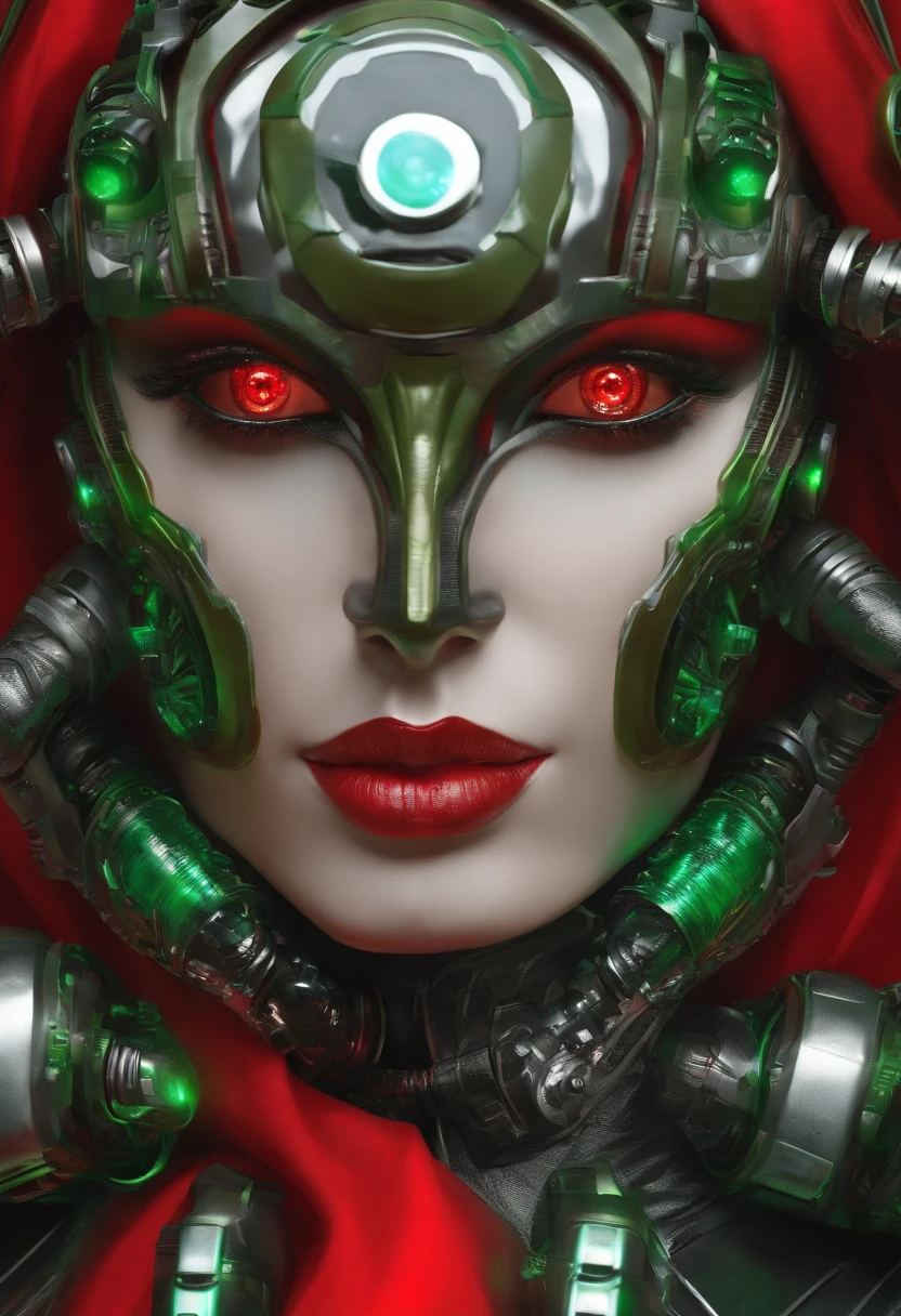 Cyborg red hat with green and red cybernetic eyes