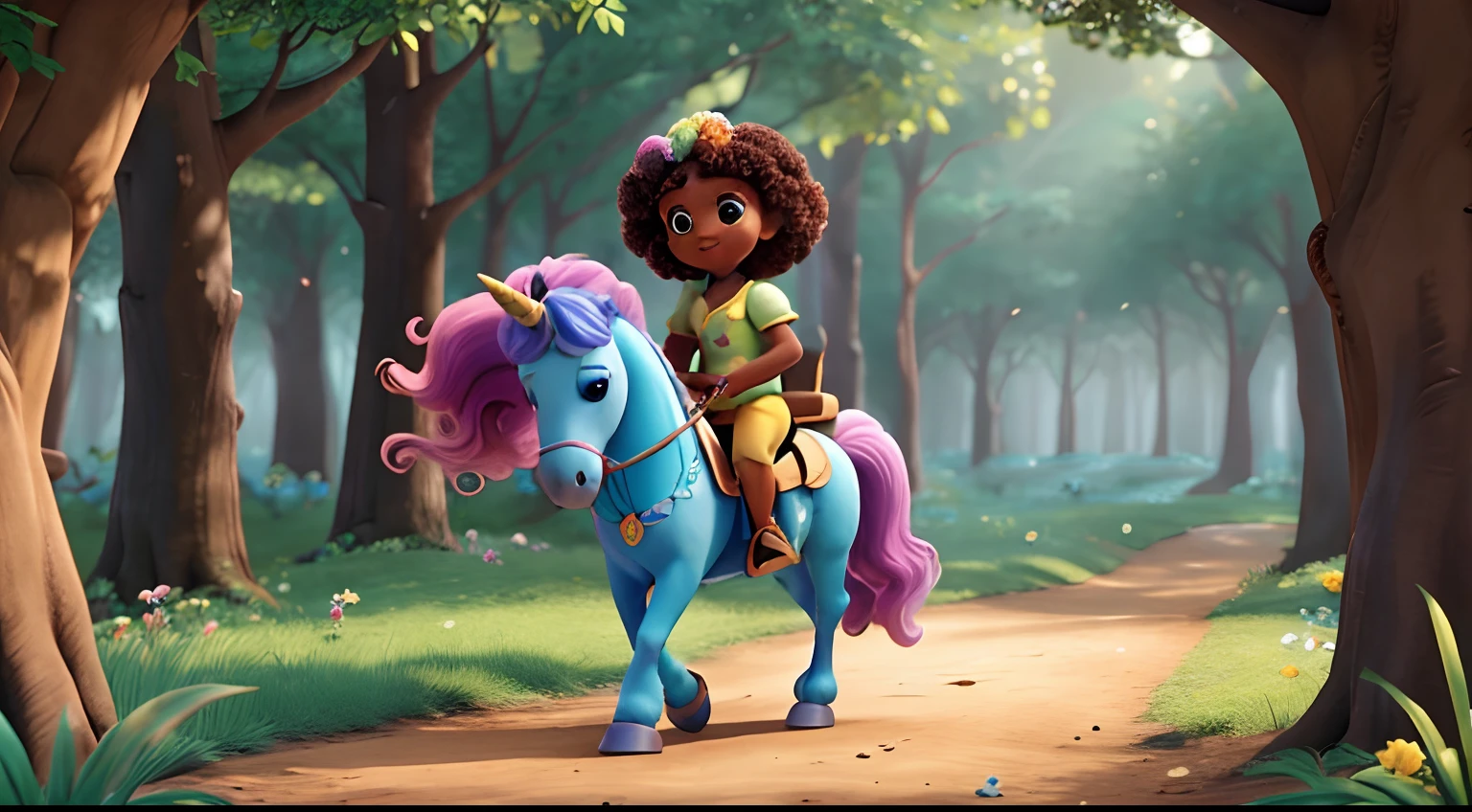 CRIE POSTER PIXAR ESTILO DISNEY 3D, Menina de 5 anos afrodescendente riding a colorful unicorn in a forest