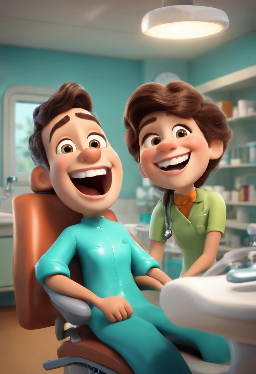 A happy dentist in the dental office, com um paciente satisfeito, with Disney Pixar features