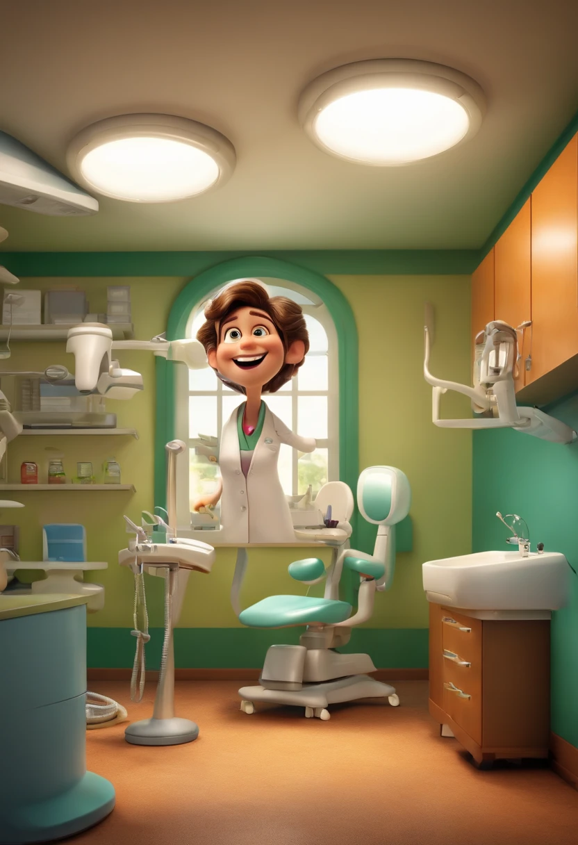 A happy dentist in the dental office, com um paciente satisfeito, with Disney Pixar features