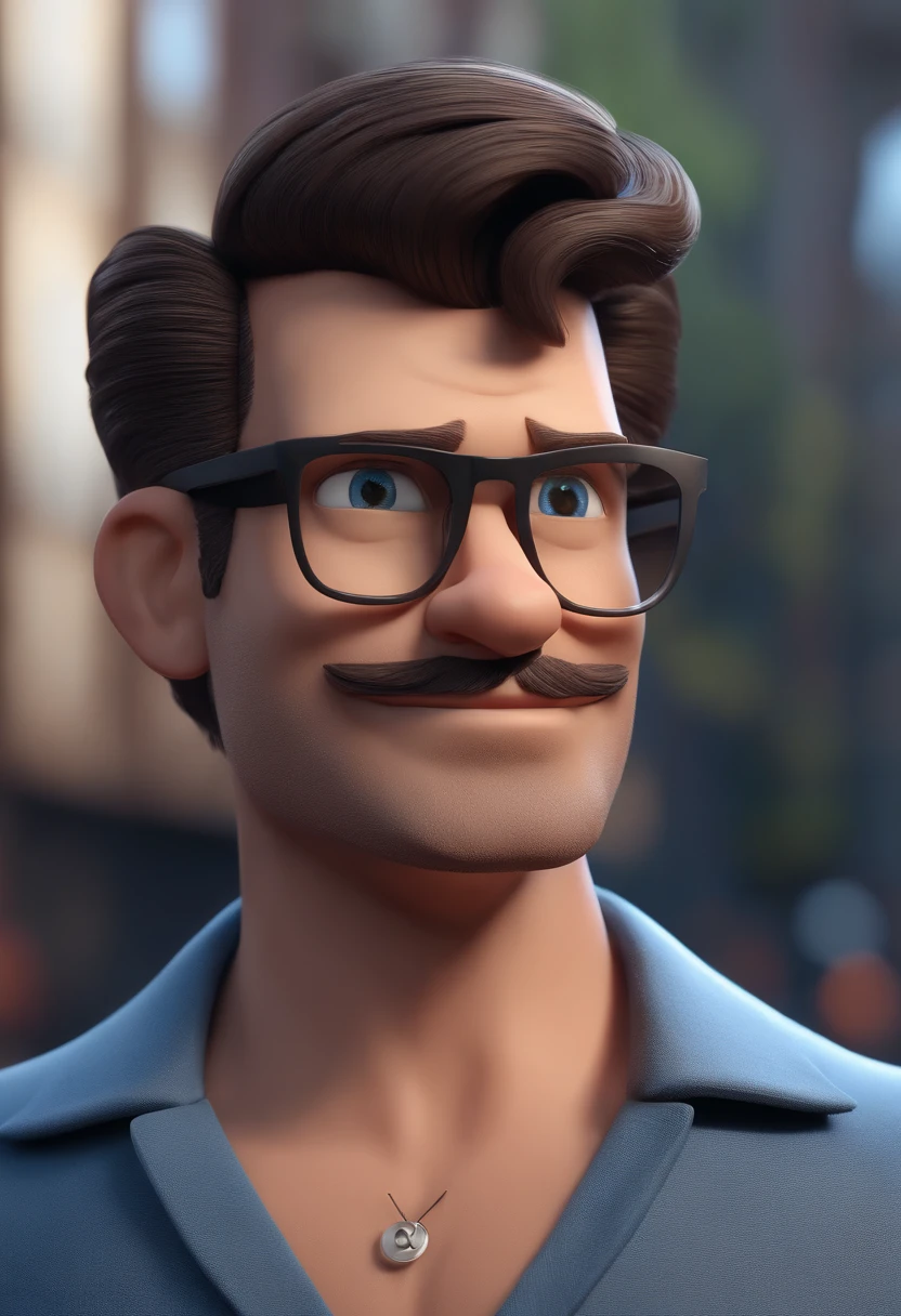 Cartoon character of a man wearing black glasses and a blue shirt, um personagem animado, Caractere estilizado, animation style rendering, 3D estilizado, Arnold Maya render, 3 d render stylized, toon render keyshot, Personagem 3D, Personagem 3D, 3d rendering stylized, 3 d character render, personagem de desenho animado, Personagem de close up, Pose de personagem, (Estilo Pixar) (master part:1.2) (Bokeh) (best quality) (pele detalhada) (textura detalhada) (8k) (argila) (Cinematic lighting) (foco nítido,Senta e vaza a parte superior do corpo