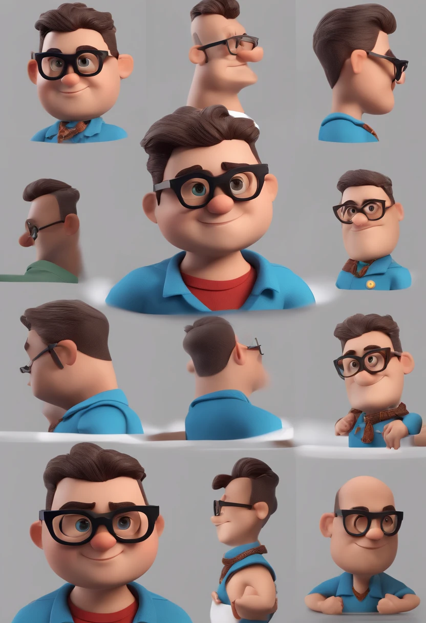 Cartoon character of a man with black glasses and a blue shirt, animation character, Caractere estilizado, animation style rendering, 3D estilizado, Arnold Maya render, 3 d render stylized, toon render keyshot, Personagem 3D, Personagem 3D, 3d rendering stylized, 3 d character render, personagem de desenho animado, Personagem de close up, Pose de personagem,  (Estilo Pixar) (master part:1.2) (Bokeh) (best quality) (pele detalhada) (textura detalhada) (8k) (argila) (Cinematic lighting) (foco nítido