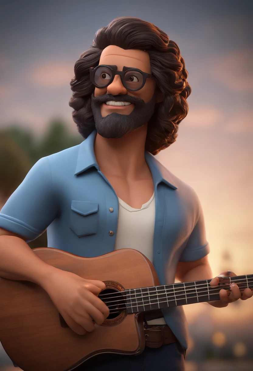 personagem dos desenhos animados de um homem cabelo raspado na lateral, cabelo crespo, barba curta, cavanhaque branco, with blue mirrored glasses and a black t-shirt with dark jeans, tocando uma guitarra amarela com pickguard preto knobs verdes pickups rosa, plano de fundo cidade do Porto em Portugal, animation character, Caractere estilizado, animation style rendering, 3D estilizado, Arnold Maya render, 3 d render stylized, toon render keyshot, Personagem 3D, Personagem 3D, 3d rendering stylized, 3 d character render, personagem de desenho animado, Personagem de close up, Pose de personagem, (Estilo Pixar) (master part:1.2) (Bokeh) (best quality) (pele detalhada) (textura detalhada) (8k) (argila) (Cinematic lighting) (foco nítido