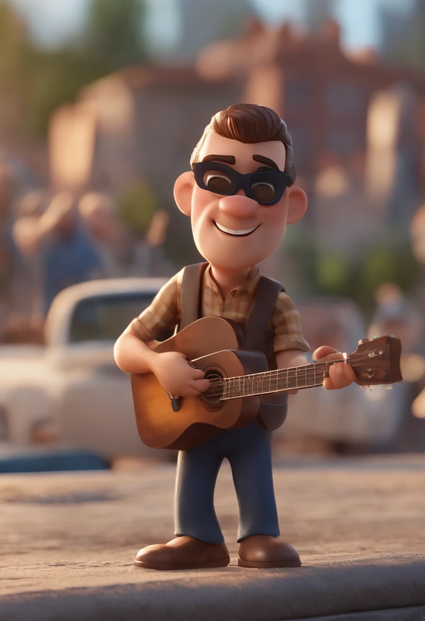 personagem dos desenhos animados de um homem cabelo raspado na lateral, cabelo crespo, barba curta, cavanhaque branco, with blue mirrored glasses and a black t-shirt with dark jeans, tocando uma guitarra amarela com pickguard preto knobs verdes pickups rosa, plano de fundo cidade do Porto em Portugal, animation character, Caractere estilizado, animation style rendering, 3D estilizado, Arnold Maya render, 3 d render stylized, toon render keyshot, Personagem 3D, Personagem 3D, 3d rendering stylized, 3 d character render, personagem de desenho animado, Personagem de close up, Pose de personagem, (Estilo Pixar) (master part:1.2) (Bokeh) (best quality) (pele detalhada) (textura detalhada) (8k) (argila) (Cinematic lighting) (foco nítido