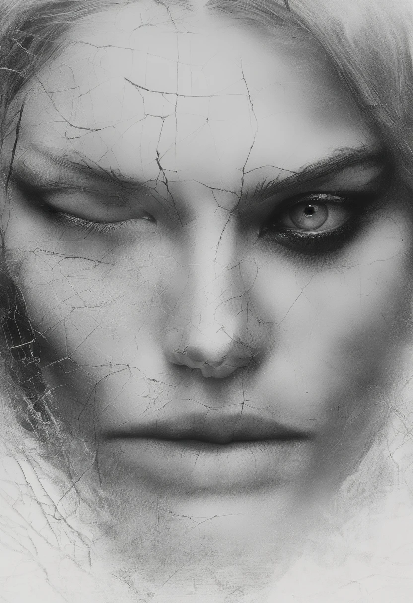 A zoomed-in view of a woman's face, captured in black and white, her eyes gazing directly at the viewer with an intense expression, her features etched with a sense of mystery and allure, surrounded by wisps of fog, adding an ethereal touch, Sculpture, carved from marble