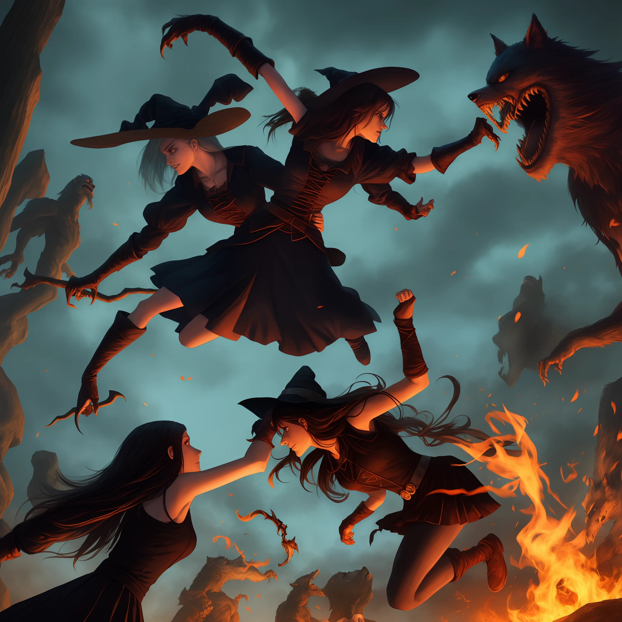 A witch fights a werewolf girl