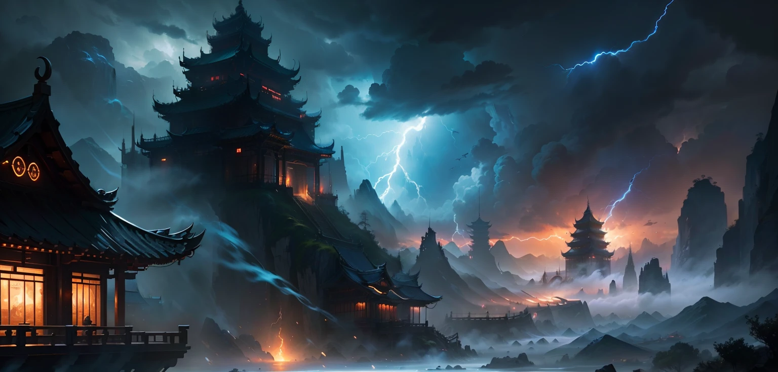 ((masterpiece)), (8k, high_resolution), (best quality), fantasy art, official artwork, old chinese architecture, epic concept art, dramatic lighting, concept art, thunderstorm background, detailed lighting and thunder, dota! matte painting concept art, magical battlefield backround, storm background, matte painting arcane dota pixar, cinematic lightning and colors, concept art magical highlight, godrays digital painting