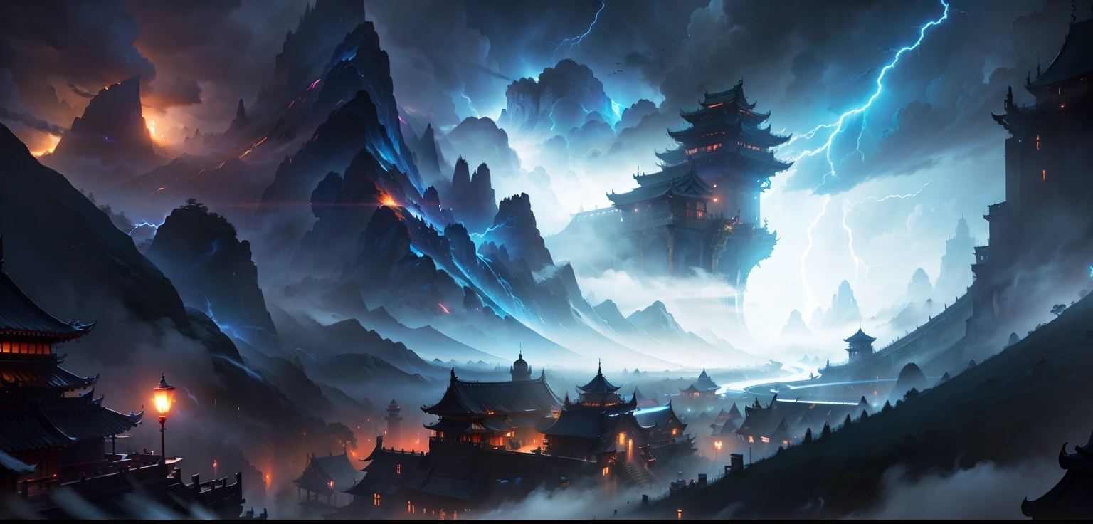 ((masterpiece)), (8k, high_resolution), (best quality), fantasy art, official artwork, old chinese architecture, epic concept art, dramatic lighting, concept art, thunderstorm background, detailed lighting and thunder, dota! matte painting concept art, magical battlefield backround, storm background, matte painting arcane dota pixar, cinematic lightning and colors, concept art magical highlight, godrays digital painting