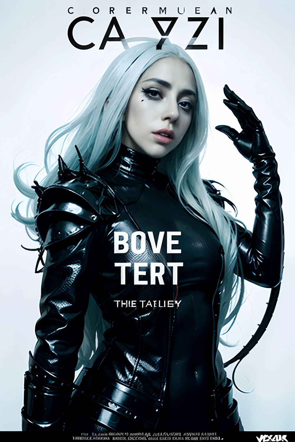 Lady gaga, sexy female cyborg, magazine cover, poster art , Lovecraftian cyber part, hint of vibrant, bold huge text, matted design layout.