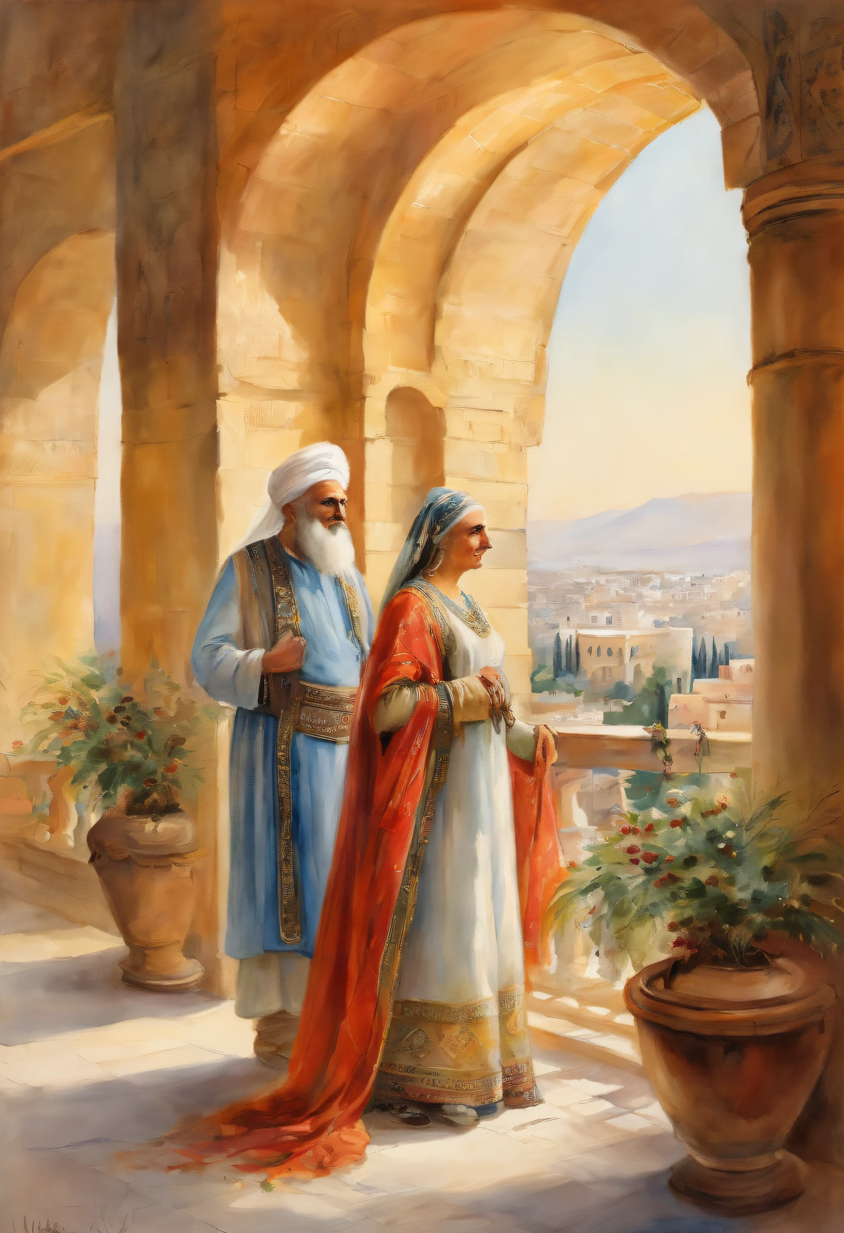A distinguished, wonderful and beautiful oriental princess and the old white-bearded vizier stand chatting on a veranda in Damascus overlooking the palace of Harun al-Raschid