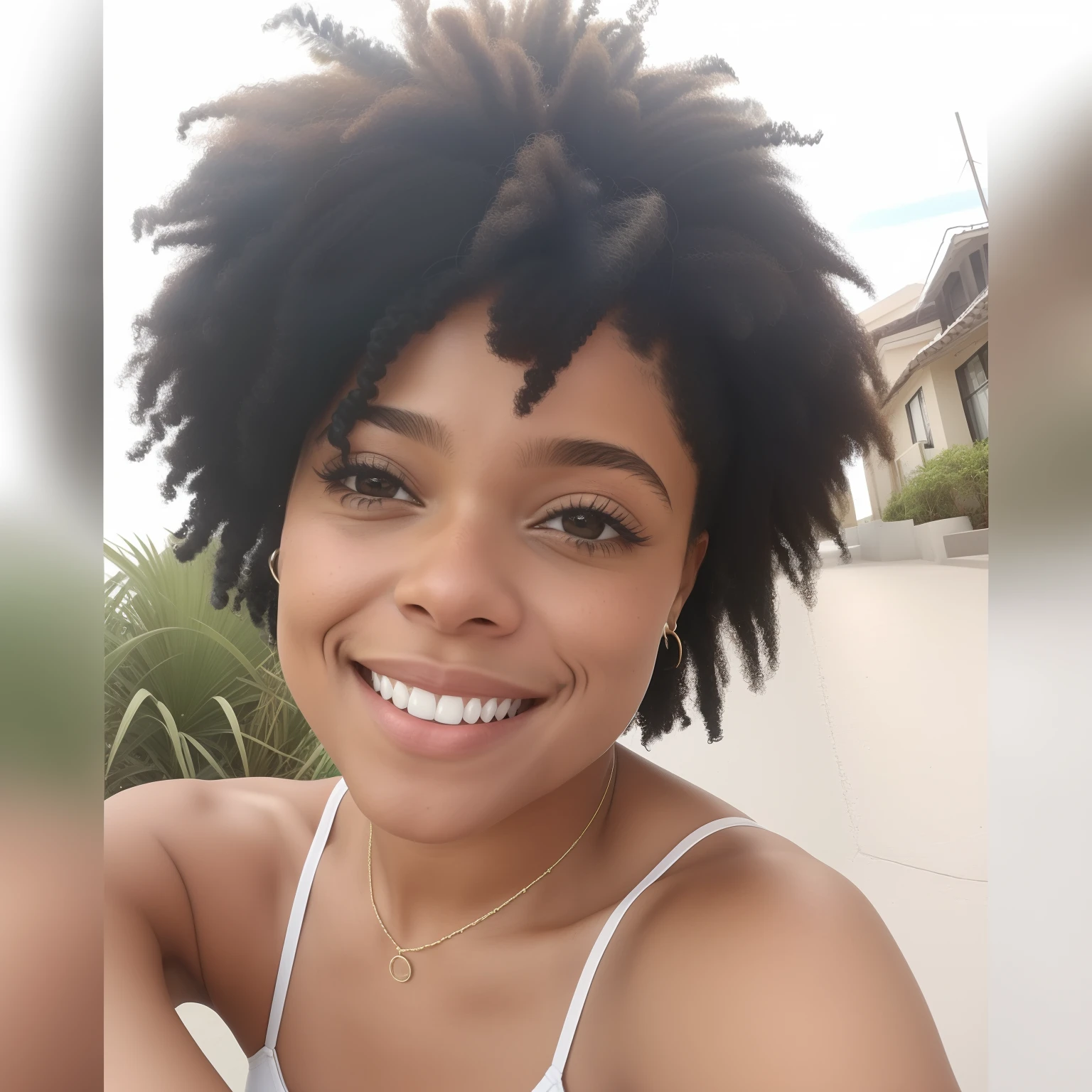 mulher sorridente com aparelhos nos dentes e um colar, Mulher de 30 anos de Cuba, cabelo encaracolado curto escuro sorrindo, com afro, Tessa Thompson inspirada, afro encaracolado, Parece Fabiula Nascimento, com cabelo e pele texturizados, selfie de uma jovem mulher, Justina Blakeney, Tessa Thompson, 3 0 anos de idade mulher