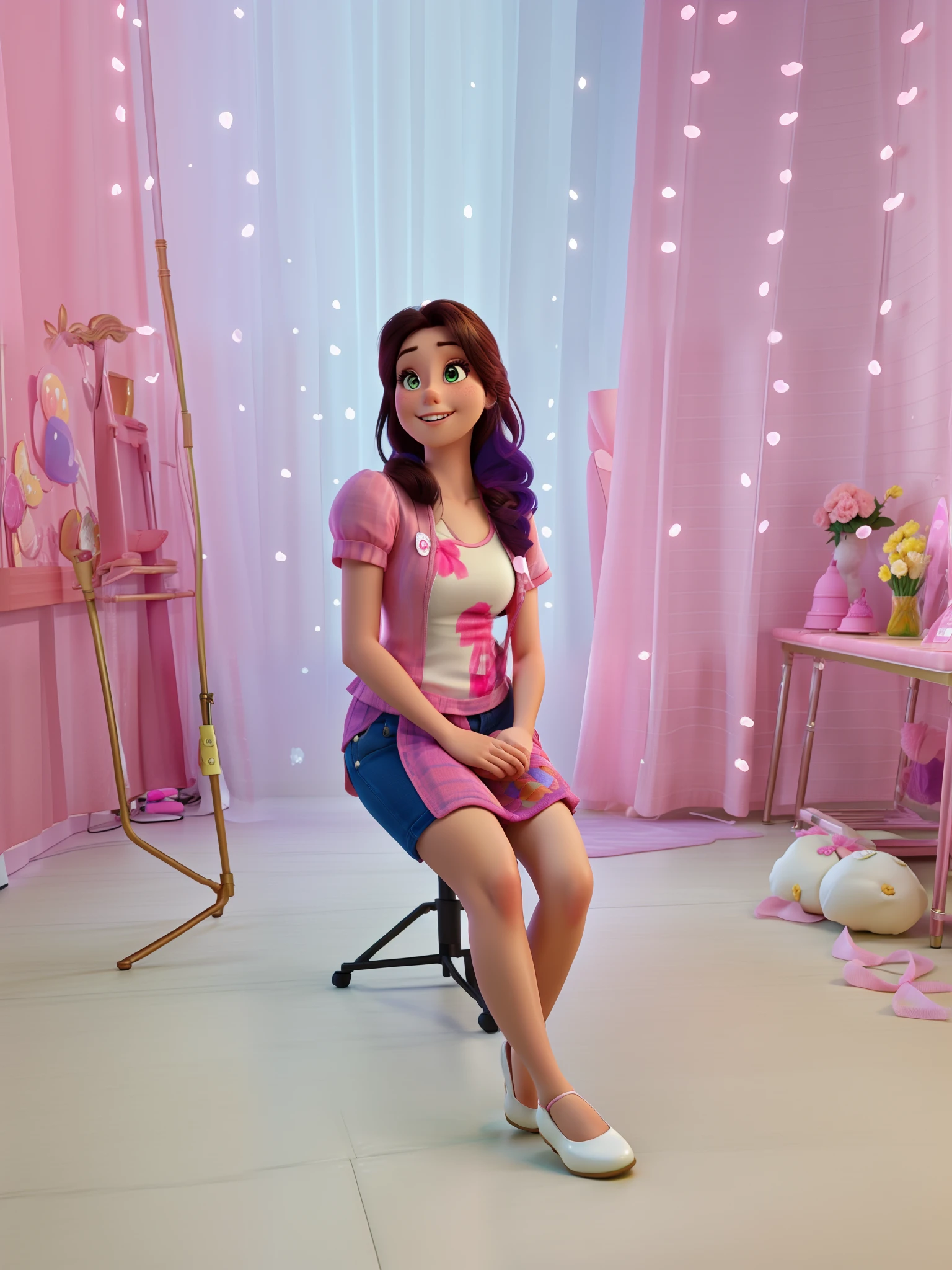 there is a woman sitting on a chair in a room, background is heavenly, photo shoot, profile photo, Realistic photo, Alanis Guillen, profile image, Adriana DXIM, internal image, full body image, professional image, beautiful, Photo shoot Photos, Photo shoot, pink studio lighting, Rosalia, about 3 0 , Pritty, pink girl in Disney Pixar style 3D model