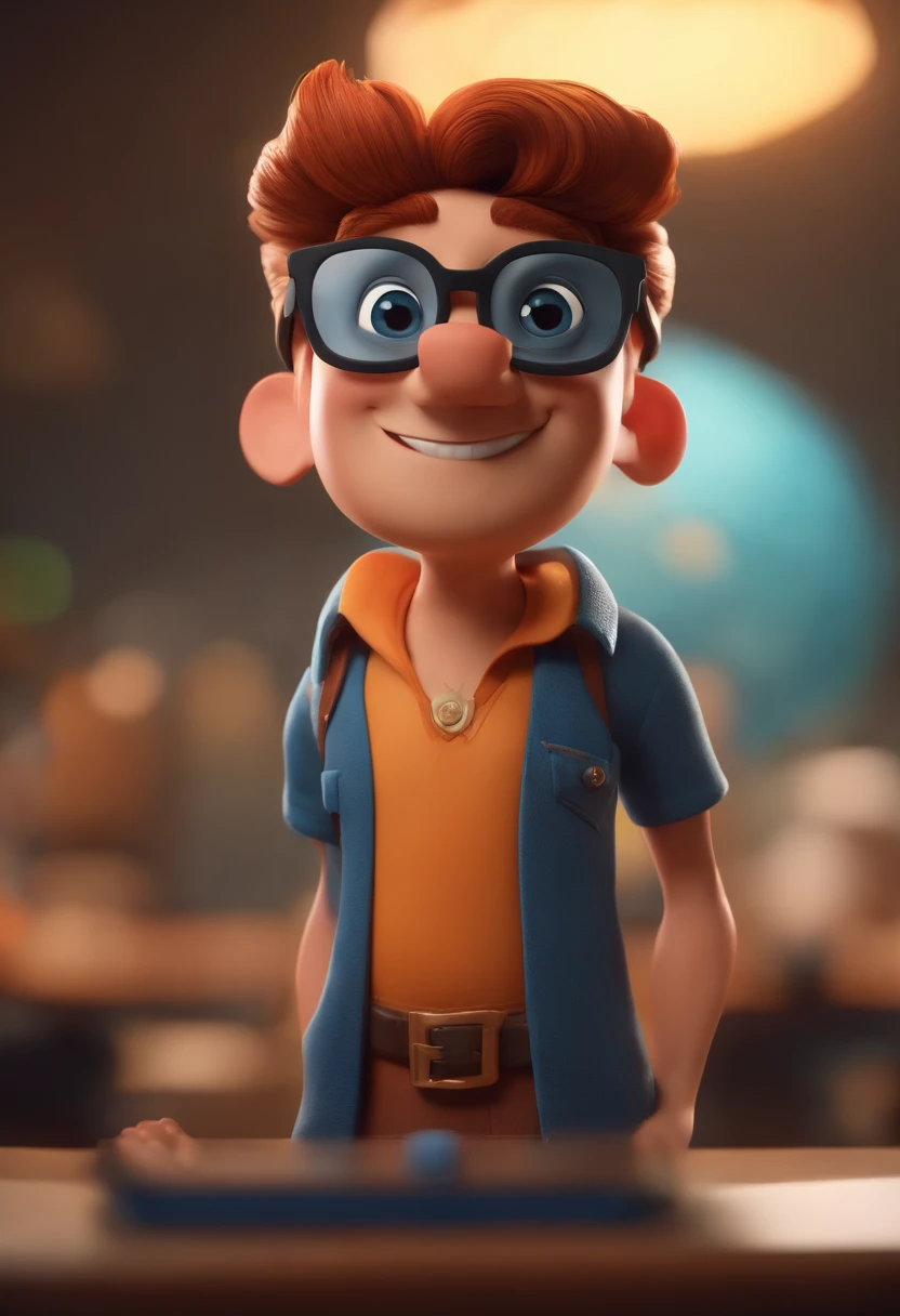 Cartoon character of a man wearing black glasses and a blue shirt, um personagem animado, Caractere estilizado, animation style rendering, 3D estilizado, Arnold Maya render, 3 d render stylized, toon render keyshot, Personagem 3D, Personagem 3D, 3d rendering stylized, 3 d character render, personagem de desenho animado, Personagem de close up, Pose de personagem, (Estilo Pixar) (master part:1.2) (Bokeh) (best quality) (pele detalhada) (textura detalhada) (8k) (argila) (Cinematic lighting) (foco nítido