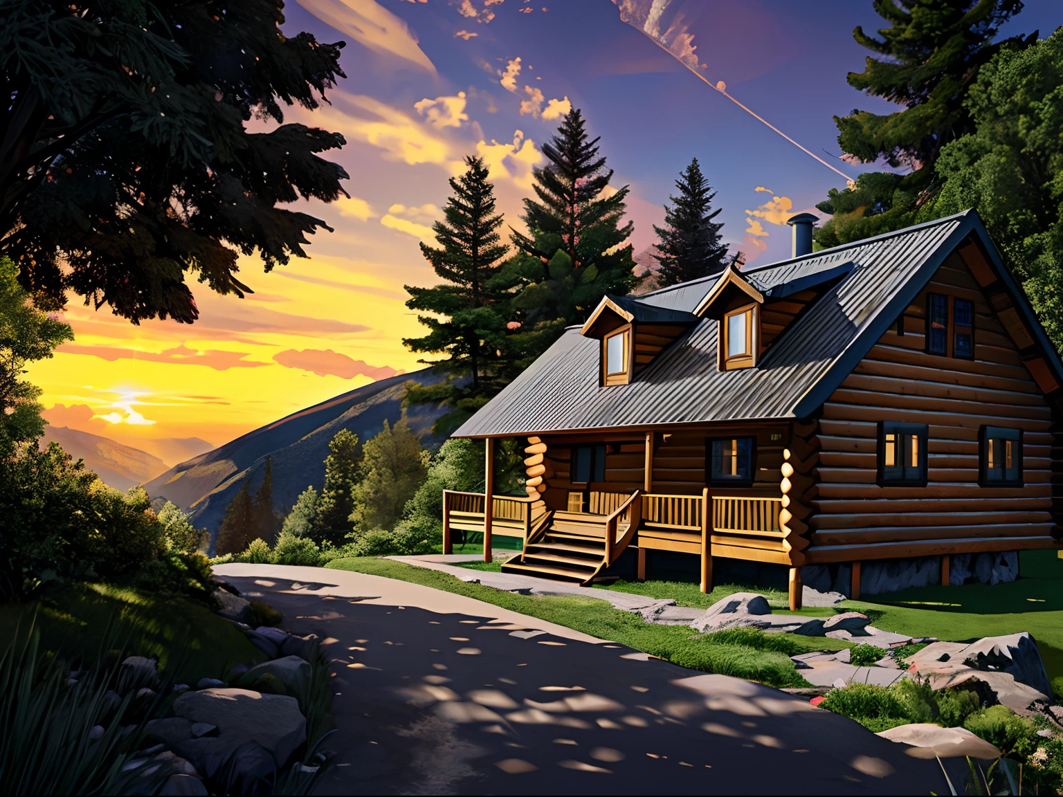 An image of a log cabin in the mountains with a stone trail leading through the trees to the cabin, pilha de madeira picada e um machado ao lado da cabine, Birds flying, cinemactic, realismo, Cristalina, micro-detalhes, Cinematic light, Altas, imagination, (Realistic), sky clear, compositing, Sunset, (HDR:1.5), ao ar livre, detalhes intrincados,