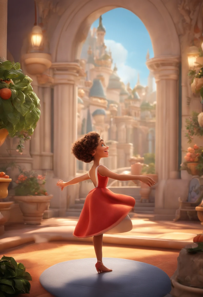 "(best quality,ultra-detalhado,Realistic:1.37),3D rendering,illustration,design de personagens,cabelos curtos e cacheados ruivo avermelhado ,belos olhos castanhos detalhados,wearing white glasses,Estilo Pixar,morena mulher,Dancing on the Disney stage,atmosfera animada,vivid colors,luzes de palco,expression joyful"