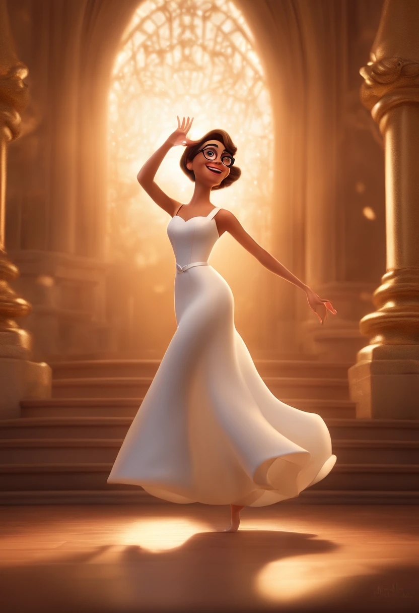 "(best quality,ultra-detalhado,Realistic:1.37),3D rendering,illustration,design de personagens,cabelos curtos e cacheados ruivo avermelhado ,belos olhos castanhos detalhados,wearing white glasses,Estilo Pixar,morena mulher,Dancing on the Disney stage,atmosfera animada,vivid colors,luzes de palco,expression joyful"