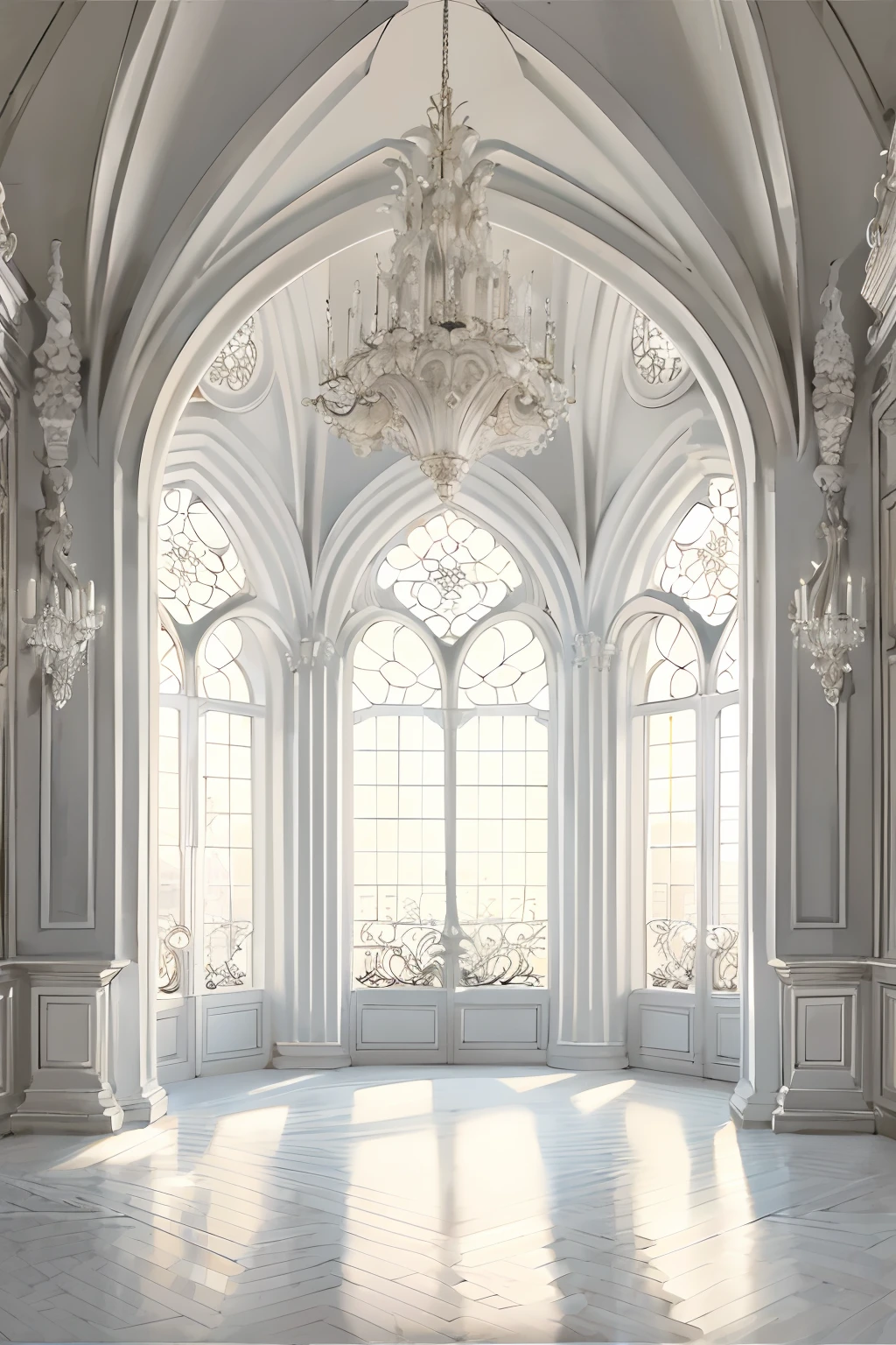 There is a large room with a chandelier and a staircase, Style luministe et baroque, Gothic interior, Intricate interior of the castle, Chambre Gothic Mansion, arcs blancs, Baroque interior, Beautiful rendering of a fairy tale, Royal Interior, Elegant Baroque, Elegant white baroque design, Inside a palace, Ornate & Flowing, Architecture exquise, Neo - Style classique, Rendu tout blanc