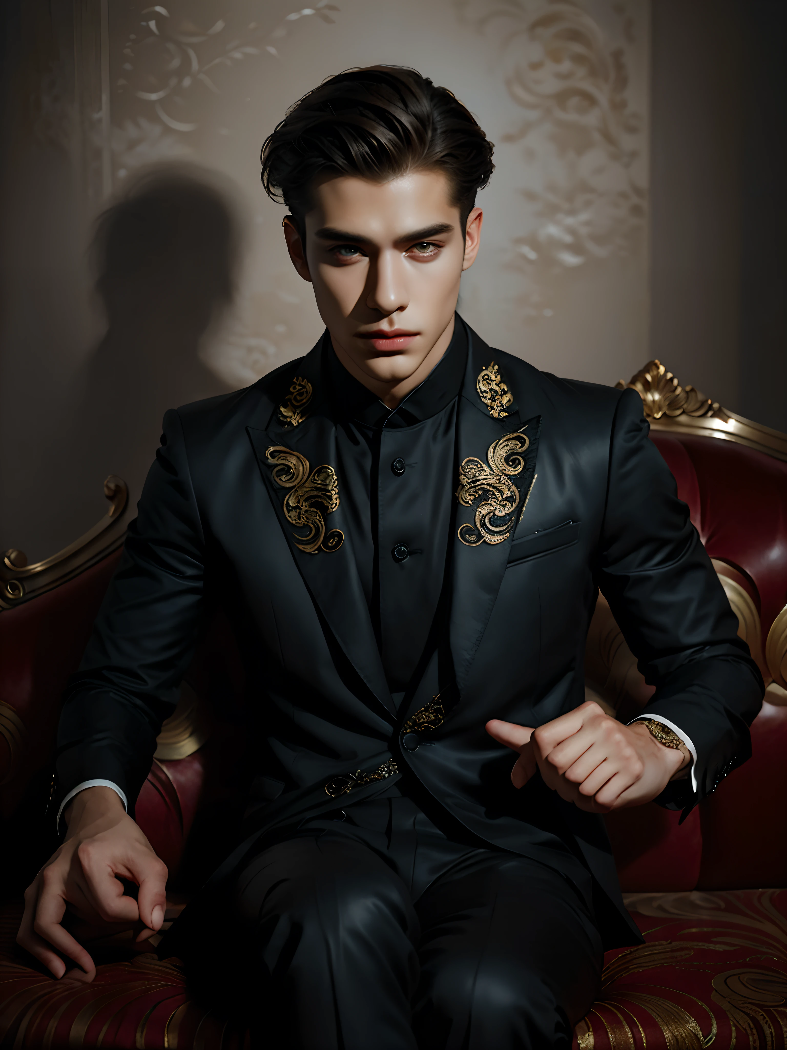 A handsome man with stylish hair and fashionable style costums, sitting on a sofa with elegant, high quakity, intricated detailed, ultra HD res