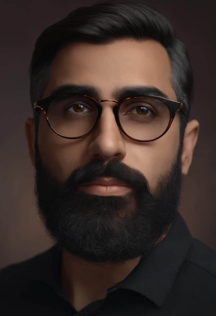 Arab bearded man with glasses and beard wearing a black shirt, Retrato VFX altamente detalhado, 8k portrait render, with glasses and goatee, hyper real render, hyper realistic render, hyperrealistic rendering, hyper - realistic render, retrato de ultra realista, foto retrato realista, retrato fotorrealista, Cinematic realistic portrait, realistic studio portrait, semi-realistic rendering