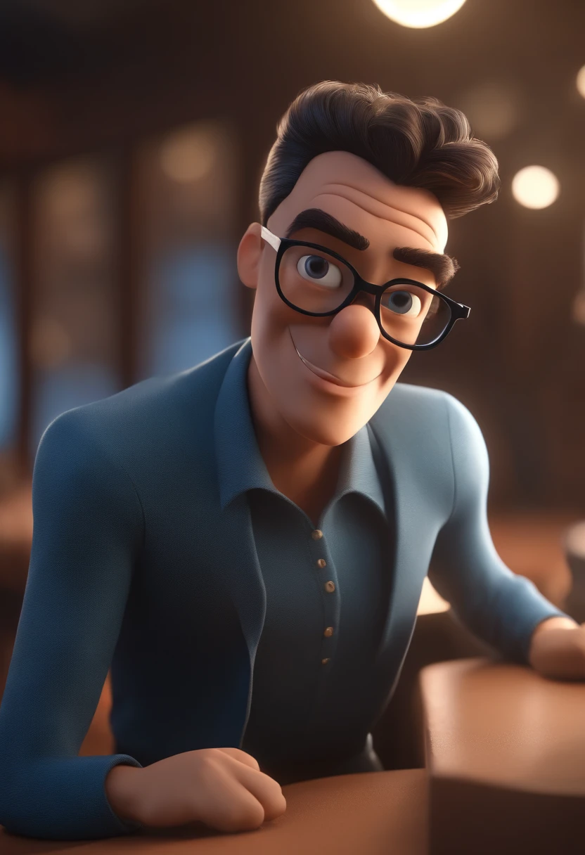 Cartoon character of a man with black glasses and a blue shirt, animation character, Caractere estilizado, animation style rendering, 3D estilizado, Arnold Maya render, 3 d render stylized, toon render keyshot, Personagem 3D, Personagem 3D, 3d rendering stylized, 3 d character render, personagem de desenho animado, Personagem de close up, Pose de personagem,  (Estilo Pixar) (master part:1.2) (Bokeh) (best quality) (pele detalhada) (textura detalhada) (8k) (argila) (Cinematic lighting) (foco nítido